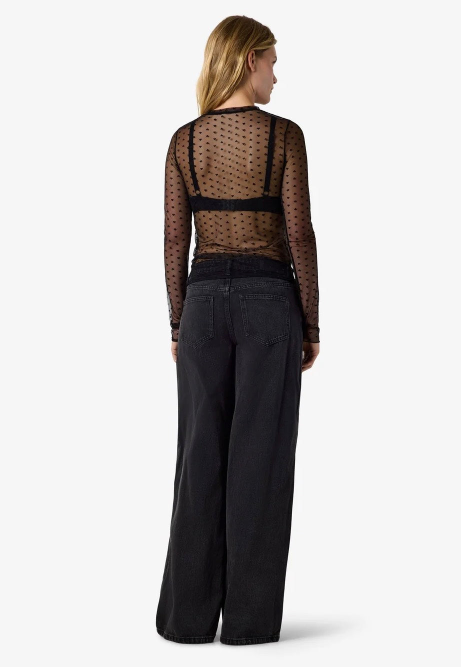 Noisy May Judith Fitted Mesh O Neck Black Hearts Top