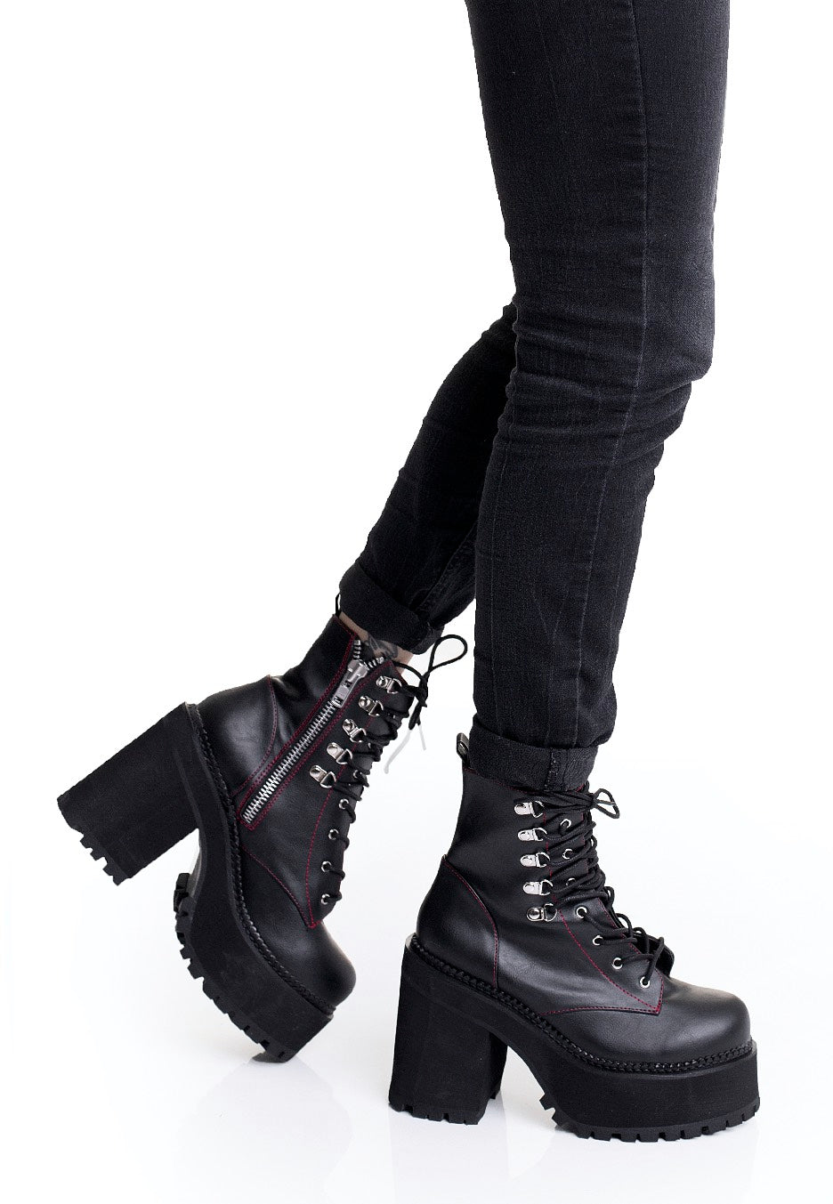 DemoniaCult - Assault 100 Lace Up Ankle D Ring Side Zip Black Vegan Leather - Girl Shoes | Women-Image