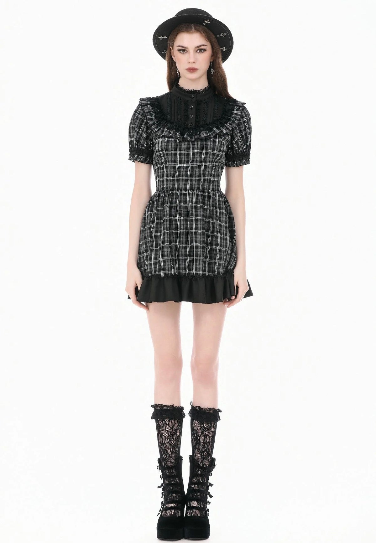 Dark In Love Dark Lolita Gingham Patchwork Lace Ruffle Vestido