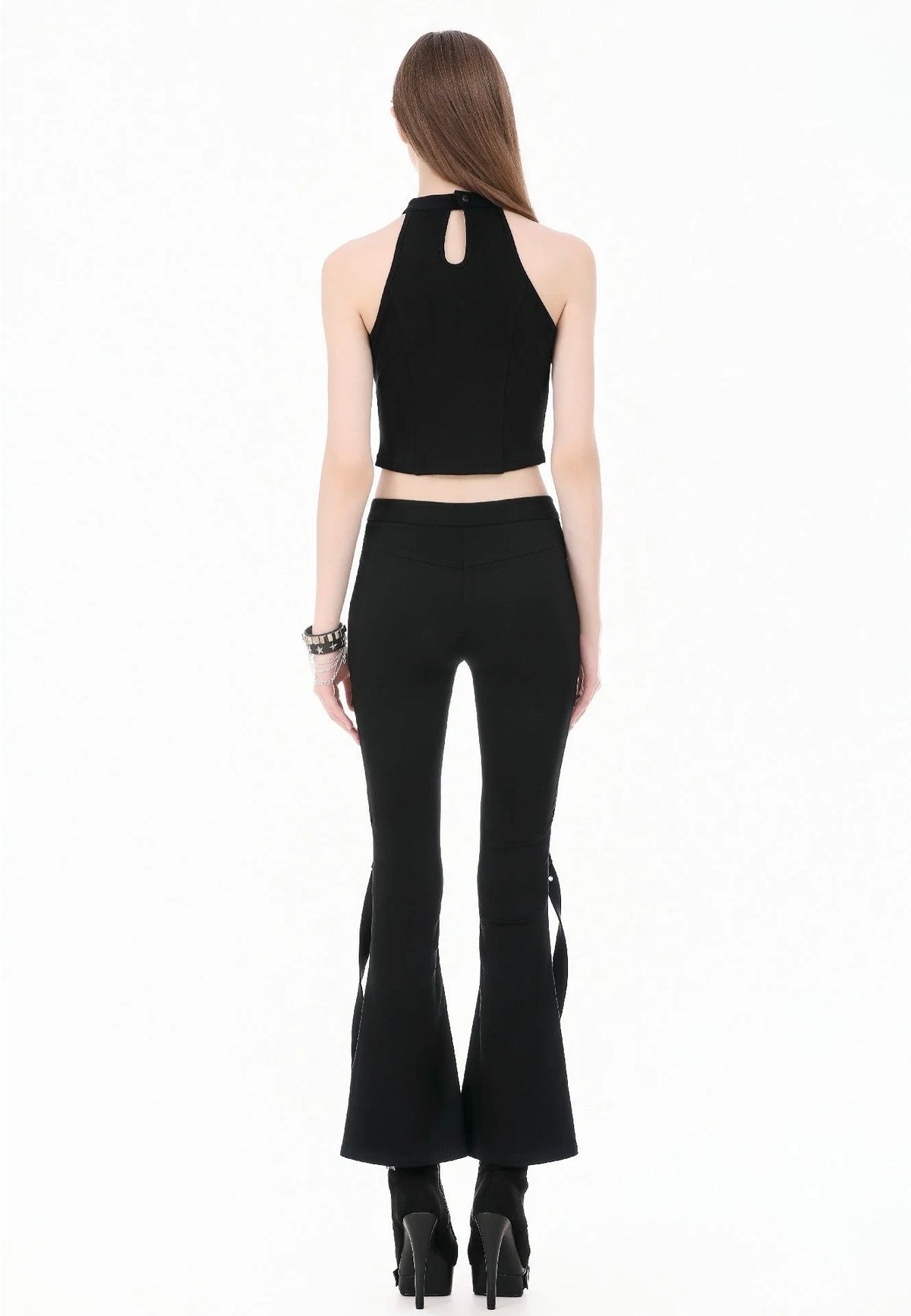 Dark In Love Dark Rift Gothic Punk Mesh Patchwork Cutout Buckle Flare Pantalones
