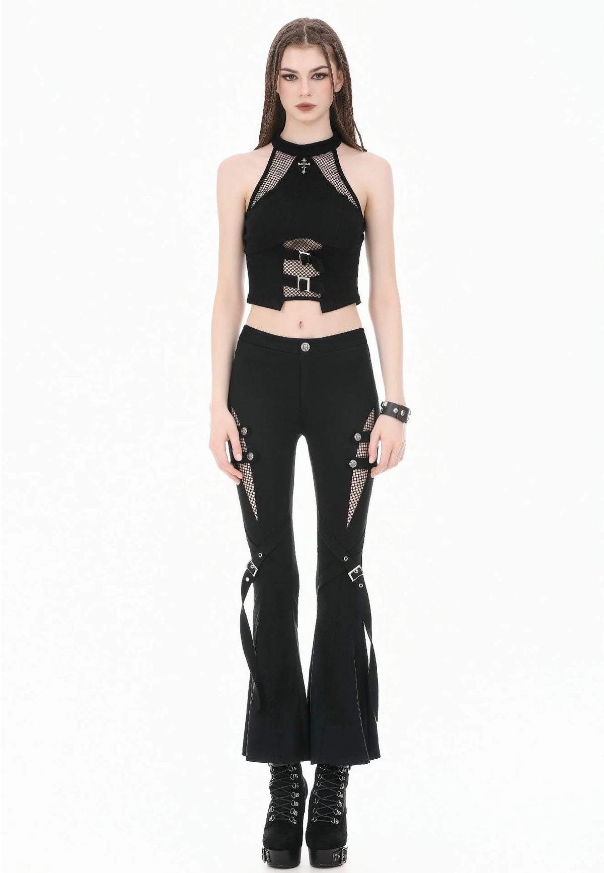 Dark In Love Dark Rift Gothic Punk Mesh Patchwork Cutout Buckle Flare Pantalones