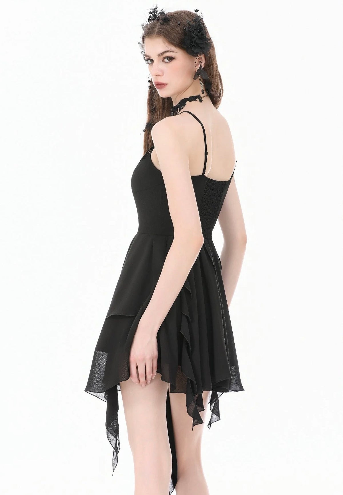 Dark In Love Goth V-Neck Lace Embroidery Asymmetric Flowy Chiffon Vestido