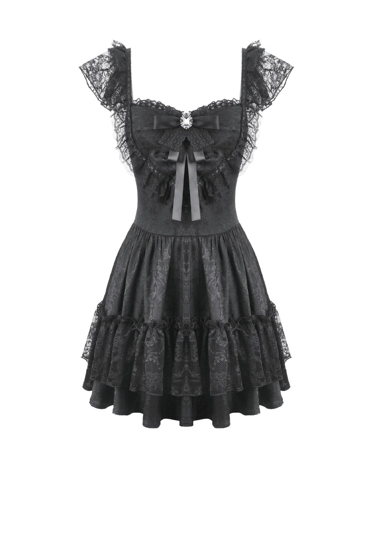 Dark In Love Gothic Lolita Jacquard Lace Flutter-Sleeve Cake Vestido