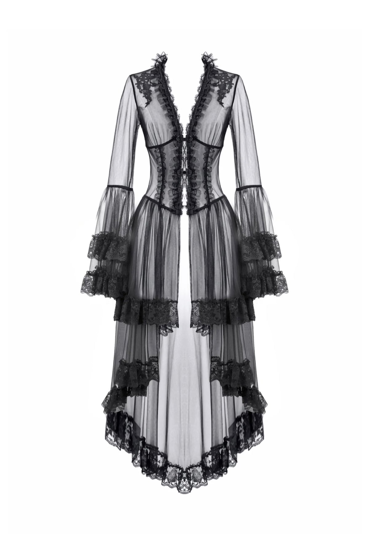 Dark In Love Gothic Retro Sheer Lace Patchwork Deep-V Flare Sleeve Duster Vestido