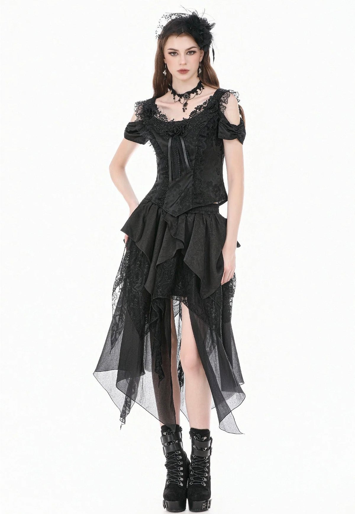 Dark In Love Gothic Ruffled High-Low Jacquard Texture Irregular Tiered Lace Mesh Minifalda