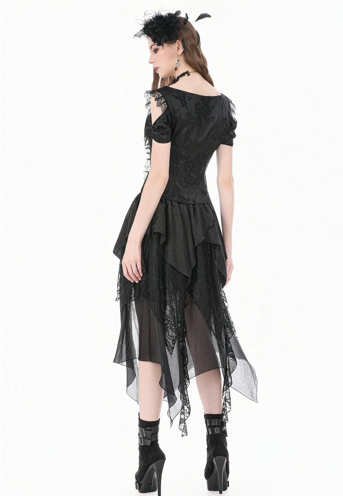 Dark In Love Gothic Ruffled High-Low Jacquard Texture Irregular Tiered Lace Mesh Minifalda