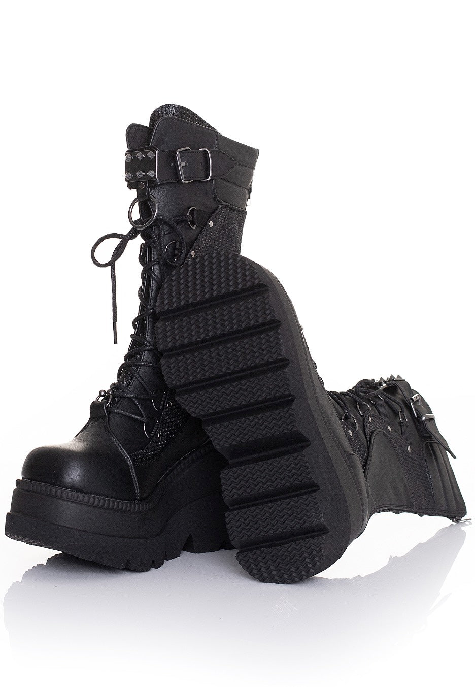 DemoniaCult - Shaker 70 Wedge Lace Up Mid Calf Black Vegan Leather - Girl Shoes | Women-Image