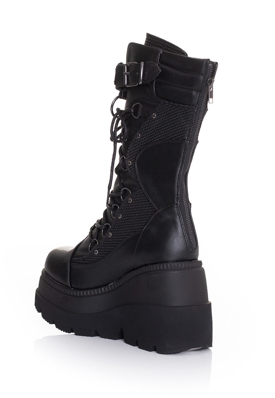 DemoniaCult - Shaker 70 Wedge Lace Up Mid Calf Black Vegan Leather - Girl Shoes | Women-Image