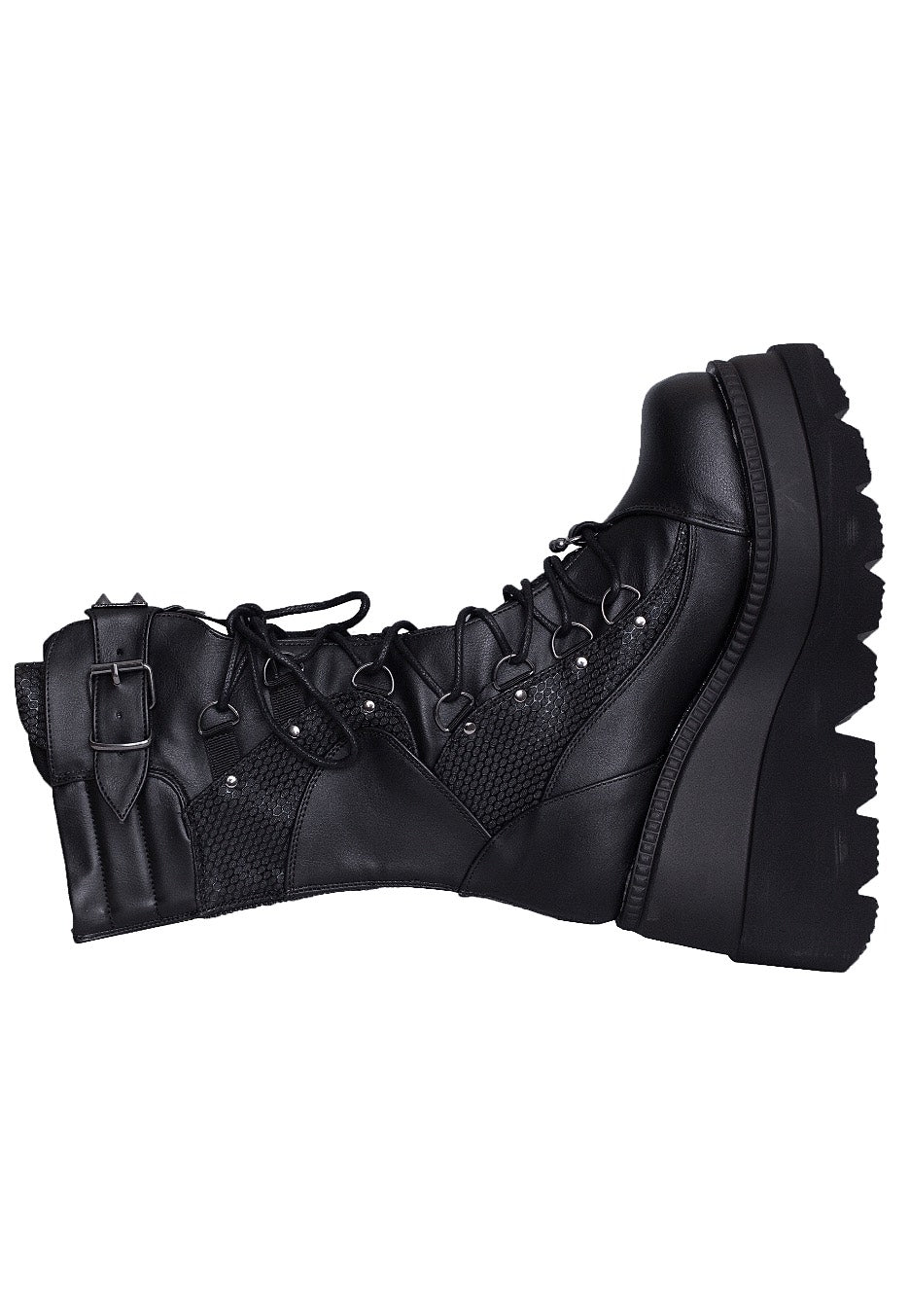 DemoniaCult - Shaker 70 Wedge Lace Up Mid Calf Black Vegan Leather - Girl Shoes | Women-Image