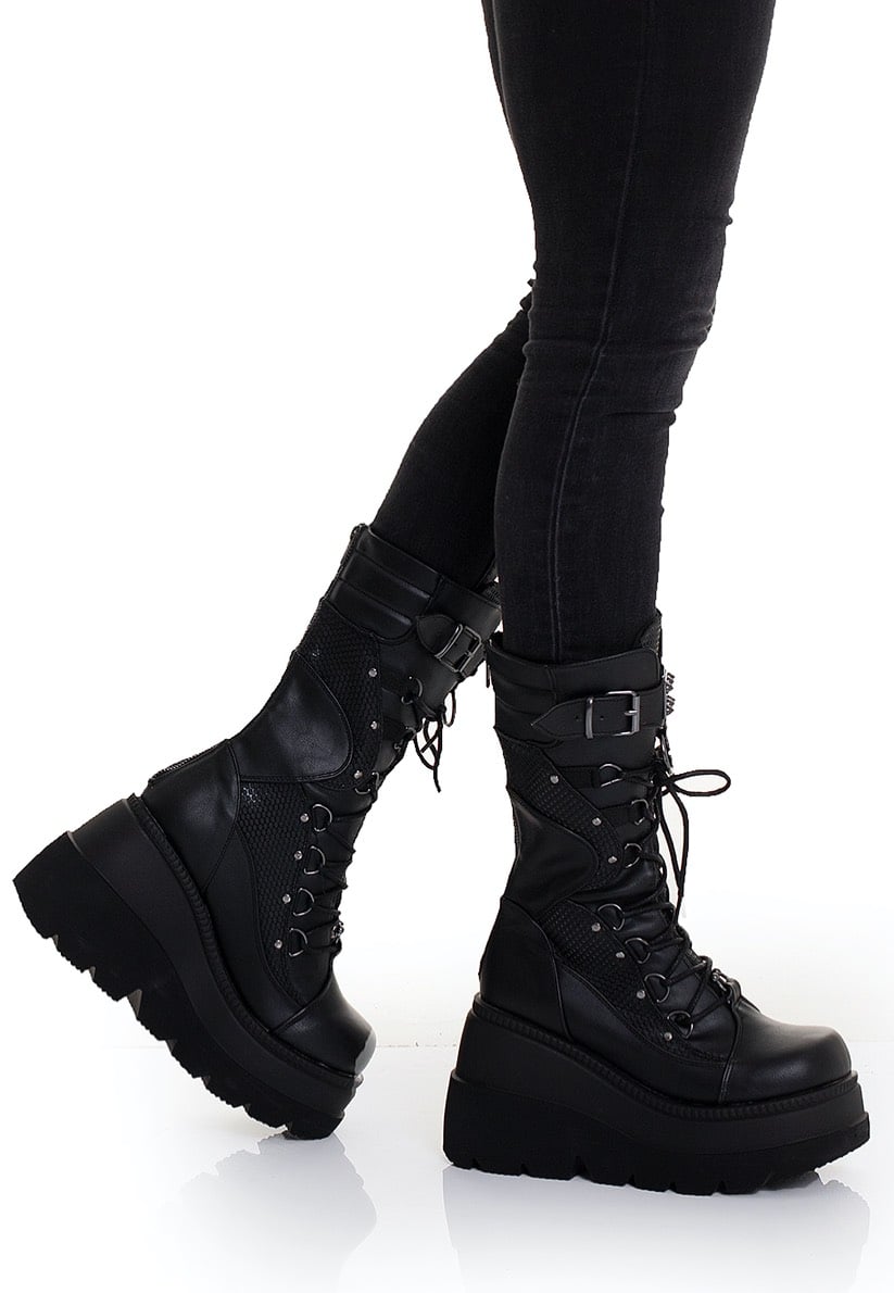 DemoniaCult - Shaker 70 Wedge Lace Up Mid Calf Black Vegan Leather - Girl Shoes