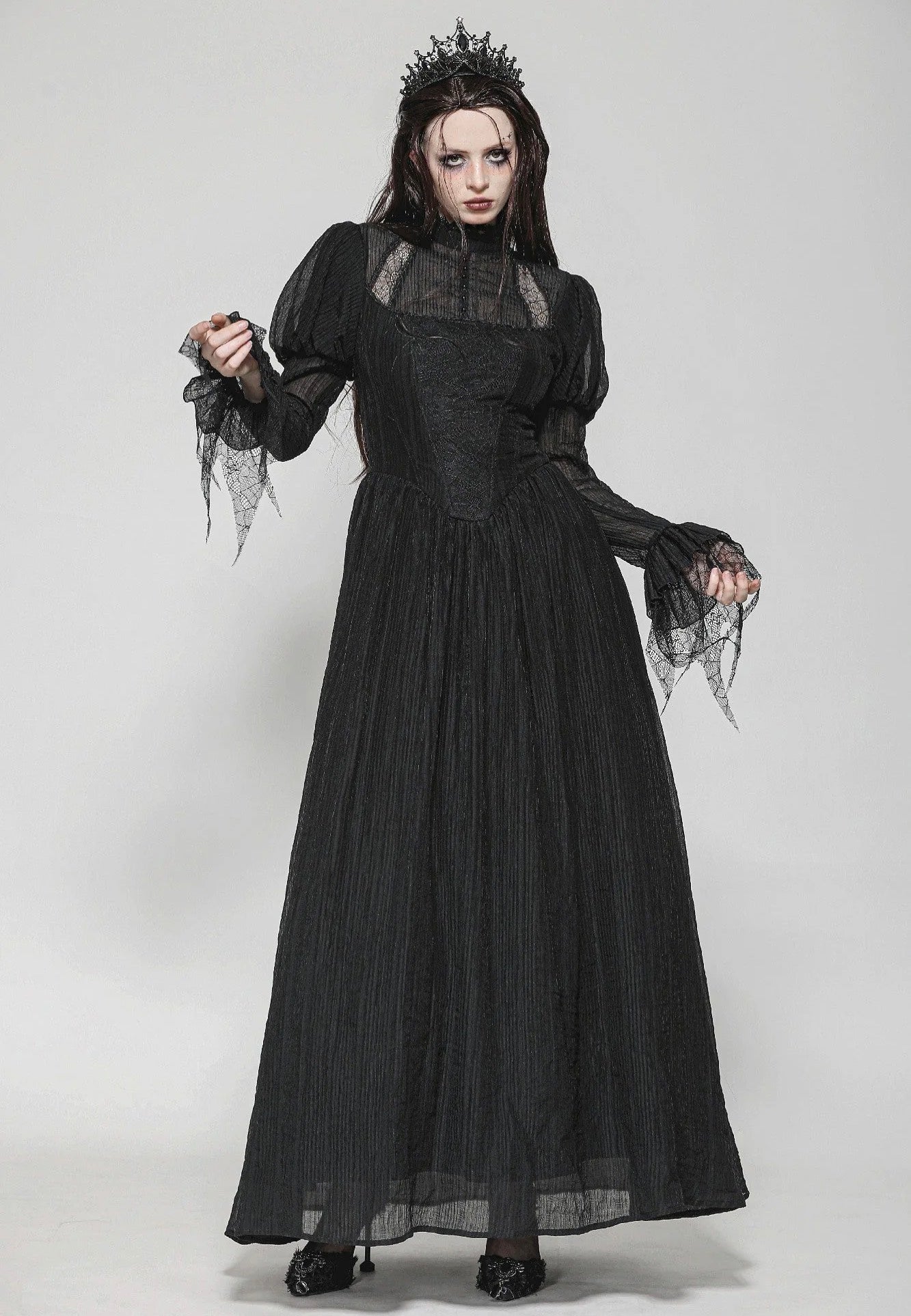 Dark In Love - Black Negative Gothic Spiderweb Patchwork Princess Sleeve - Dress | Women-Image