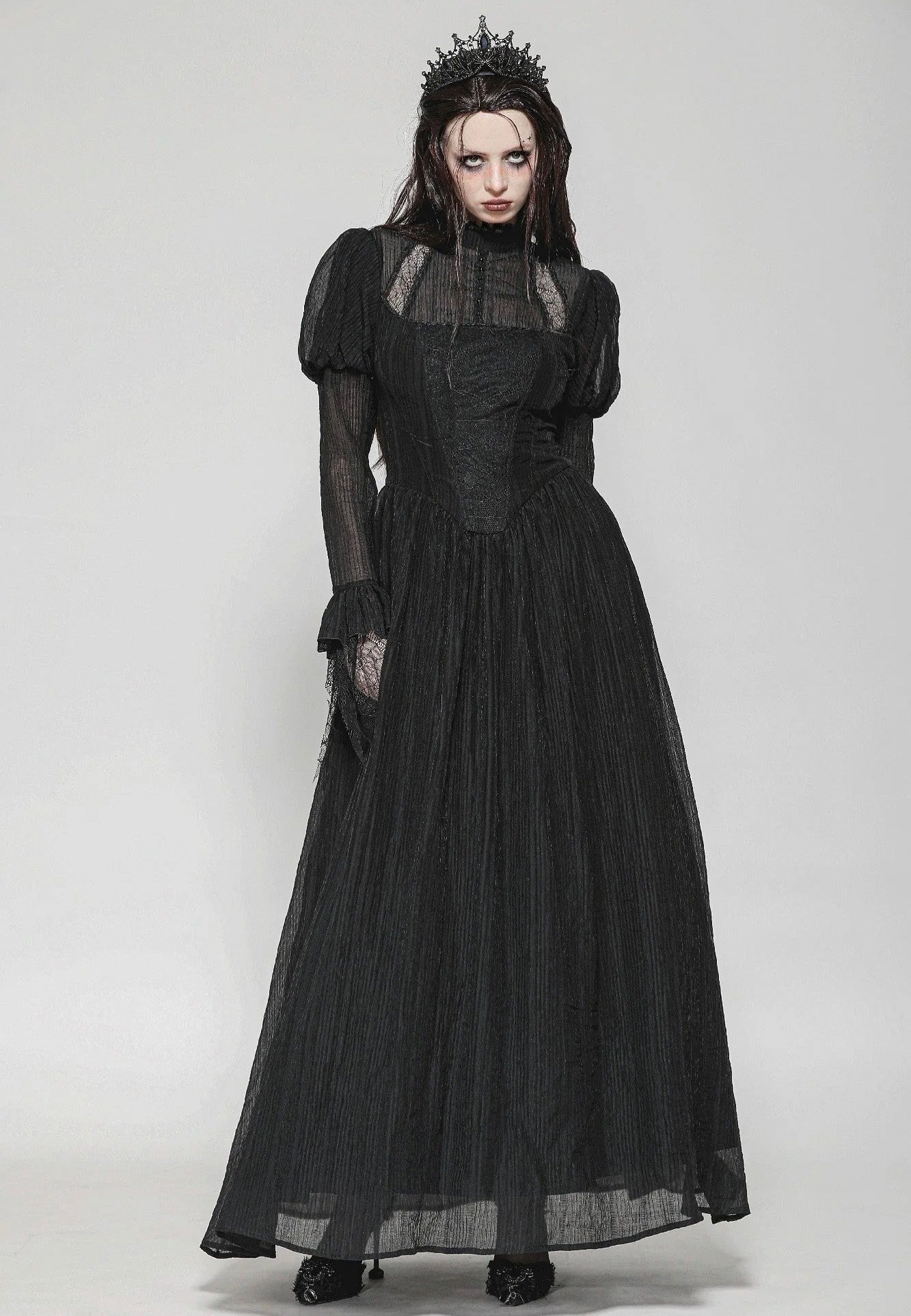 Dark In Love - Black Negative Gothic Spiderweb Patchwork Princess Sleeve - Dress | Women-Image