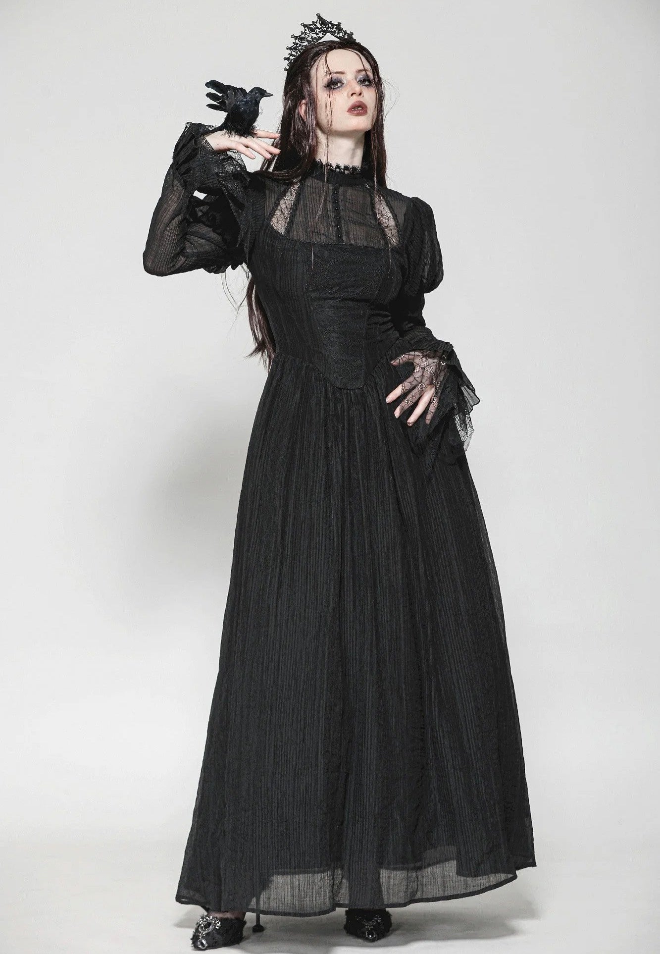 Dark In Love - Black Negative Gothic Spiderweb Patchwork Princess Sleeve - Dress | Women-Image