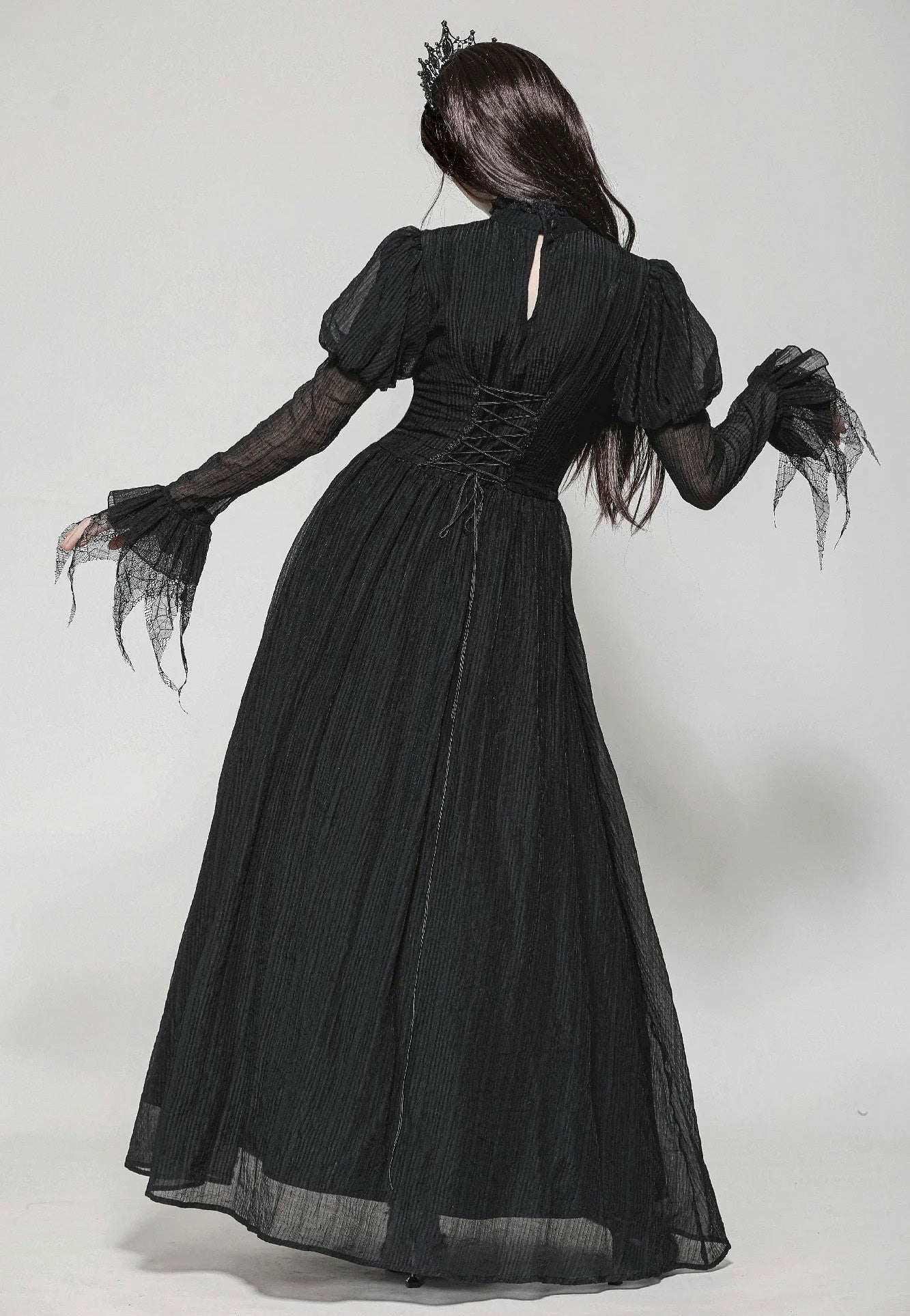 Dark In Love - Black Negative Gothic Spiderweb Patchwork Princess Sleeve - Dress | Women-Image