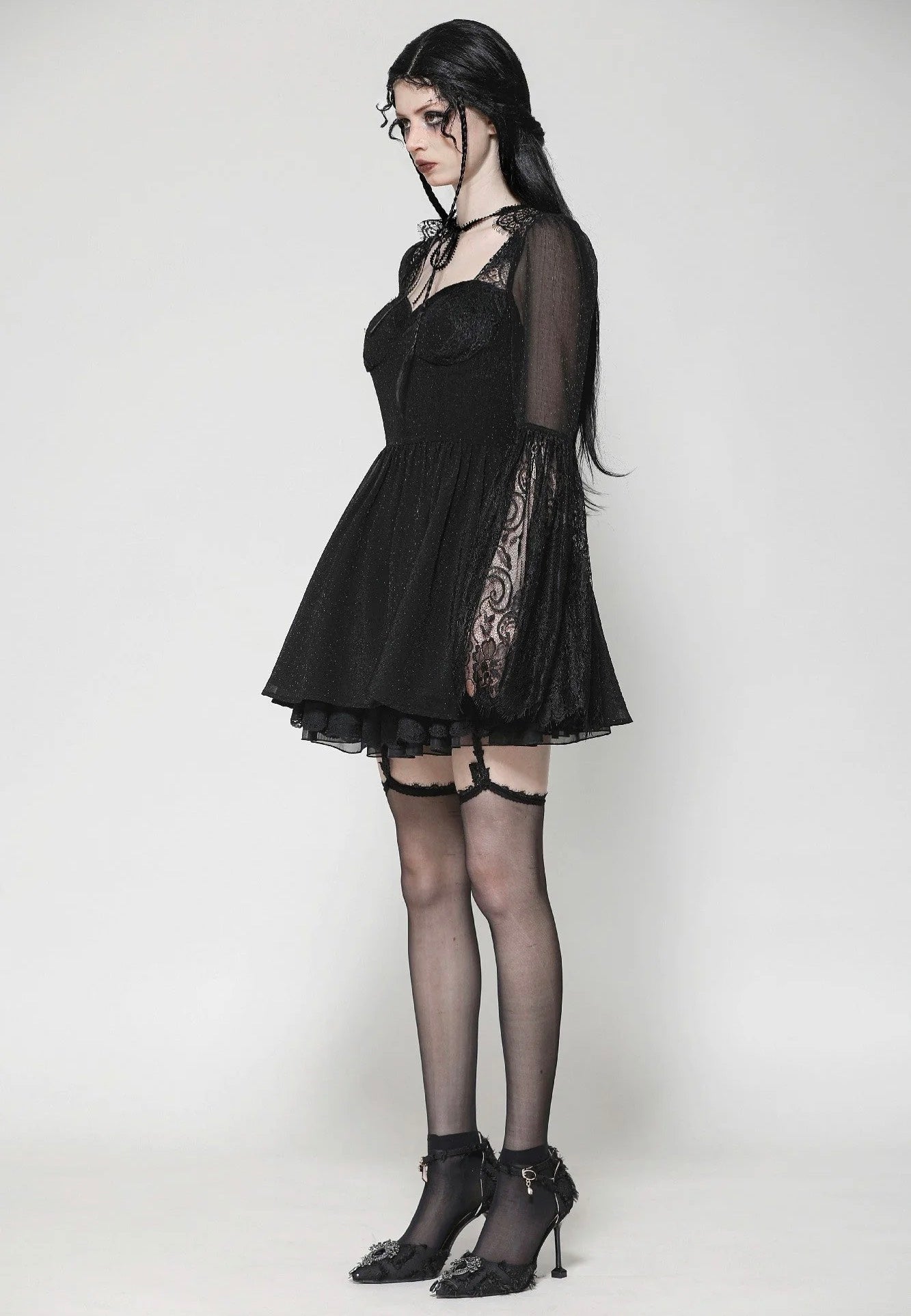 Dark In Love - Black Gothic Mesh Patchwork Back Lace-Up Everyday - Dress | Women-Image