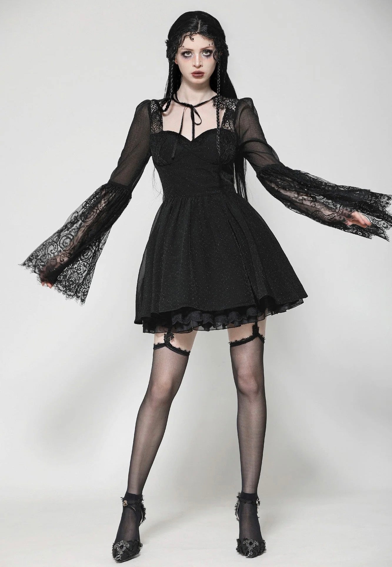 Dark In Love - Black Gothic Mesh Patchwork Back Lace-Up Everyday - Dress | Women-Image