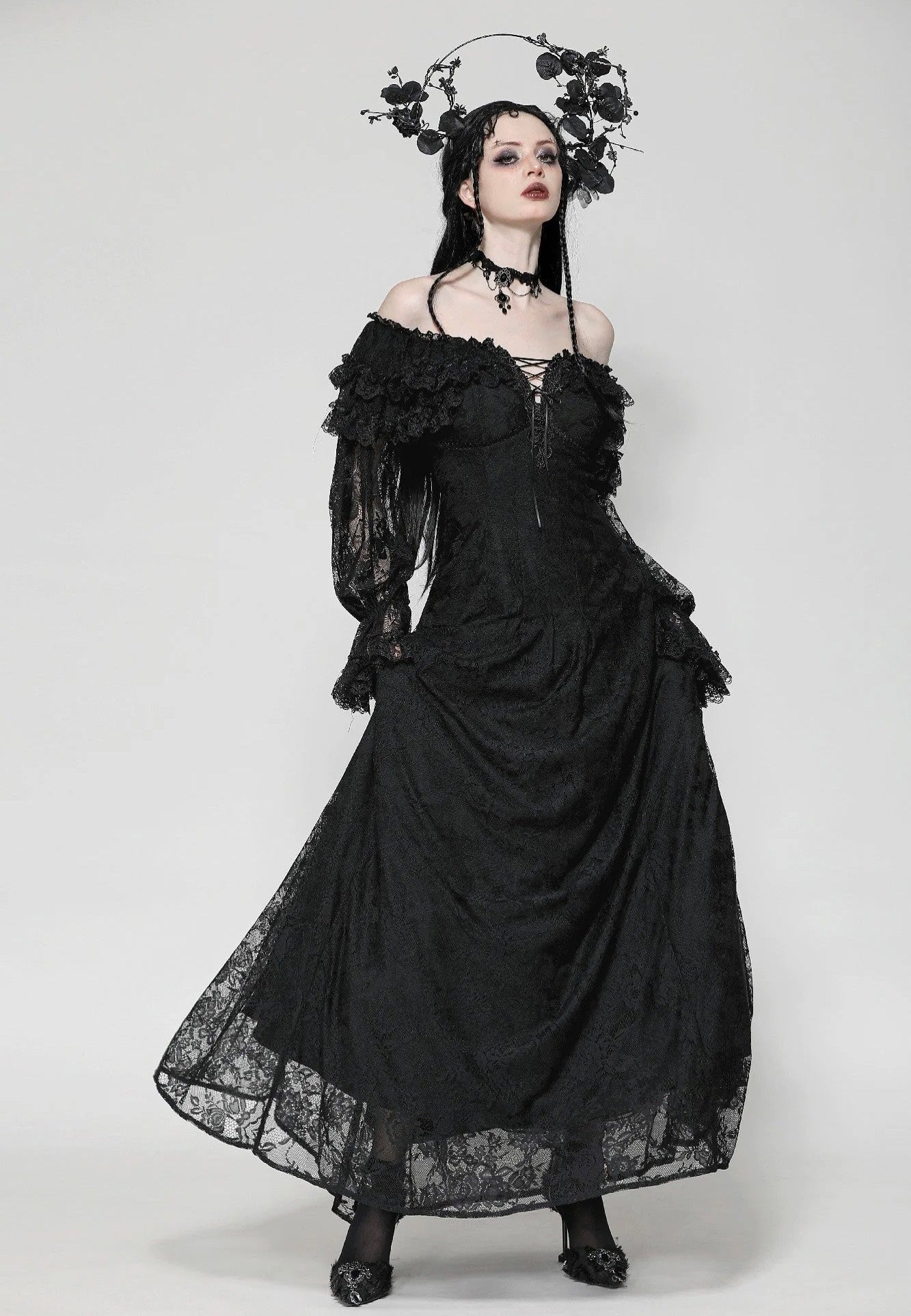 Dark In Love - Gothic Off-Shoulder Layered Ruffle Elegant - Dress | Women-Image