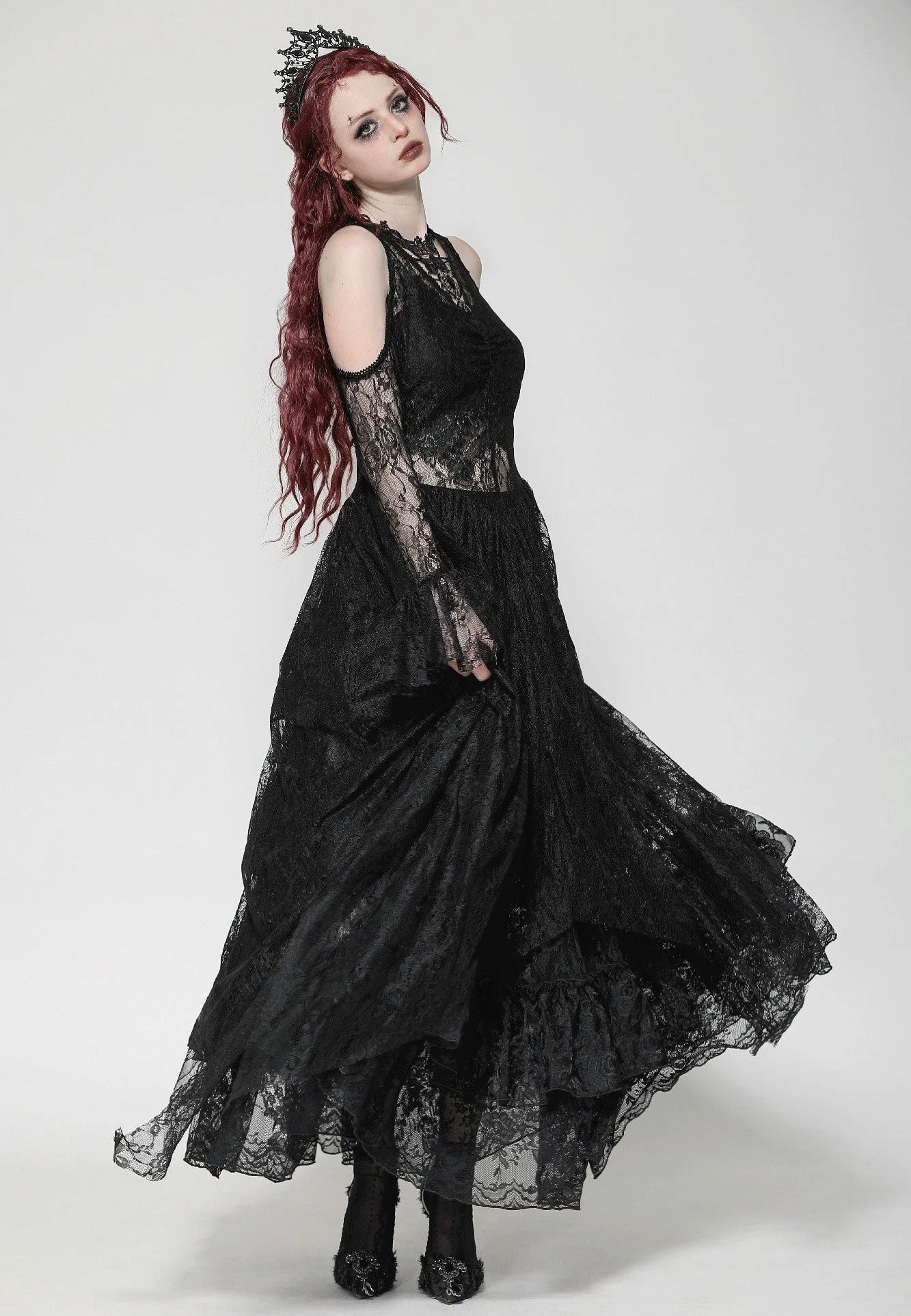 Dark In Love - Black Gothic Asymmetrical Lace Neckline Off-Shoulder - Dress | Women-Image