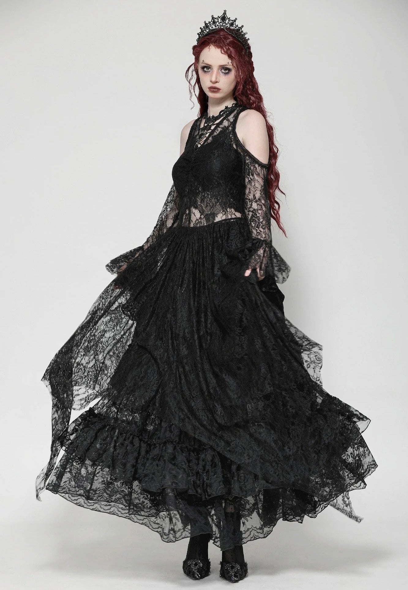Dark In Love - Black Gothic Asymmetrical Lace Neckline Off-Shoulder - Dress | Women-Image