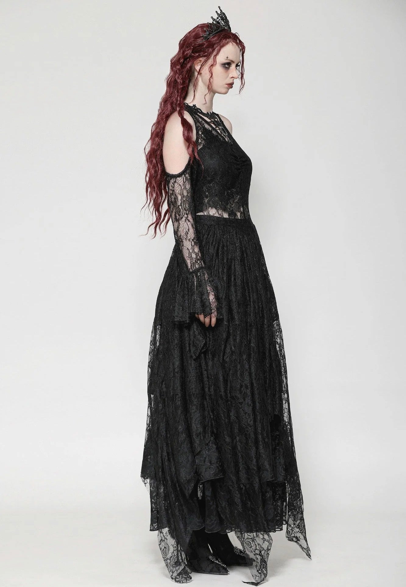 Dark In Love - Black Gothic Asymmetrical Lace Neckline Off-Shoulder - Dress | Women-Image