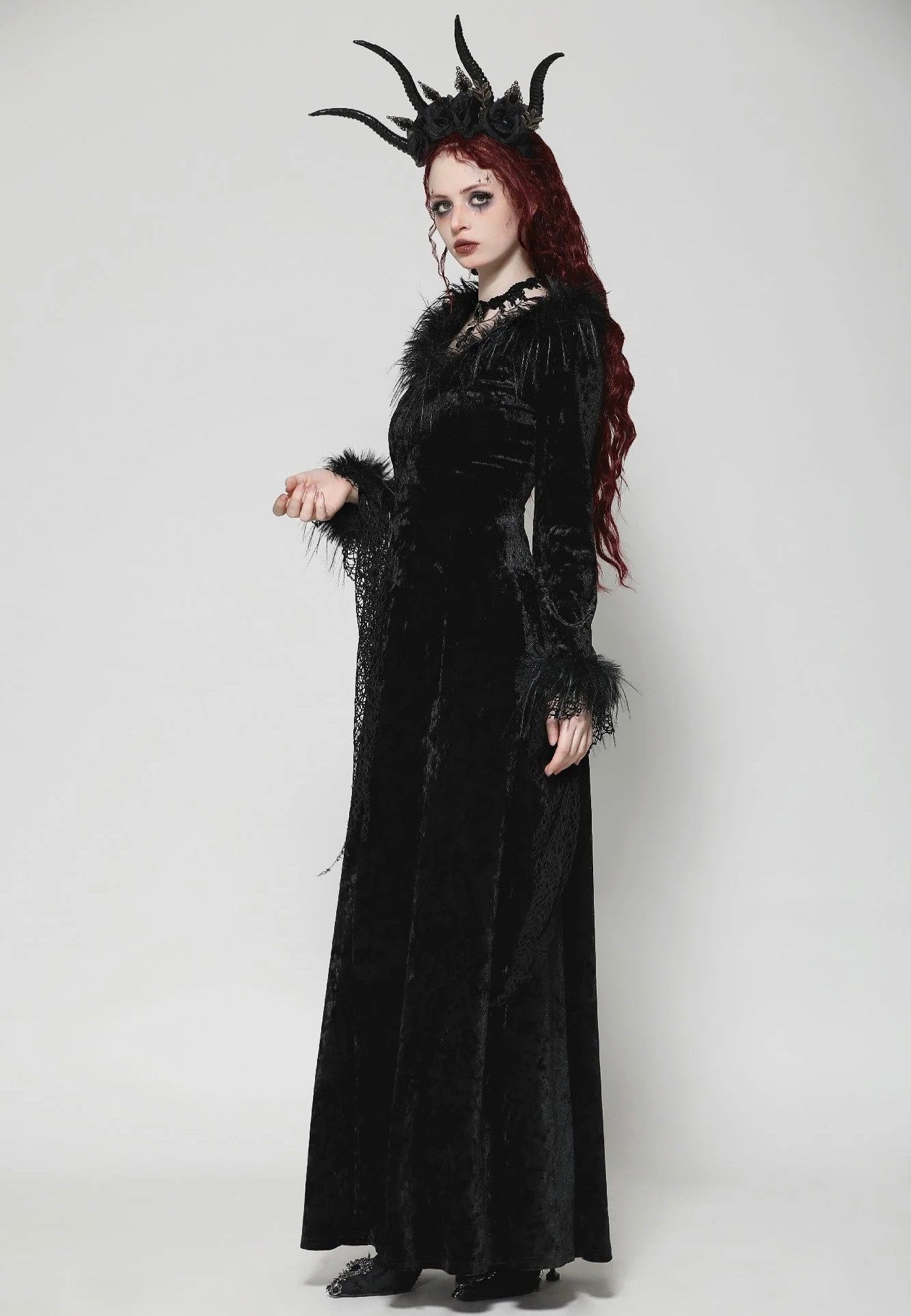 Dark In Love - Gothic Dark Velvet V-Neck Long Slim - Dress | Women-Image