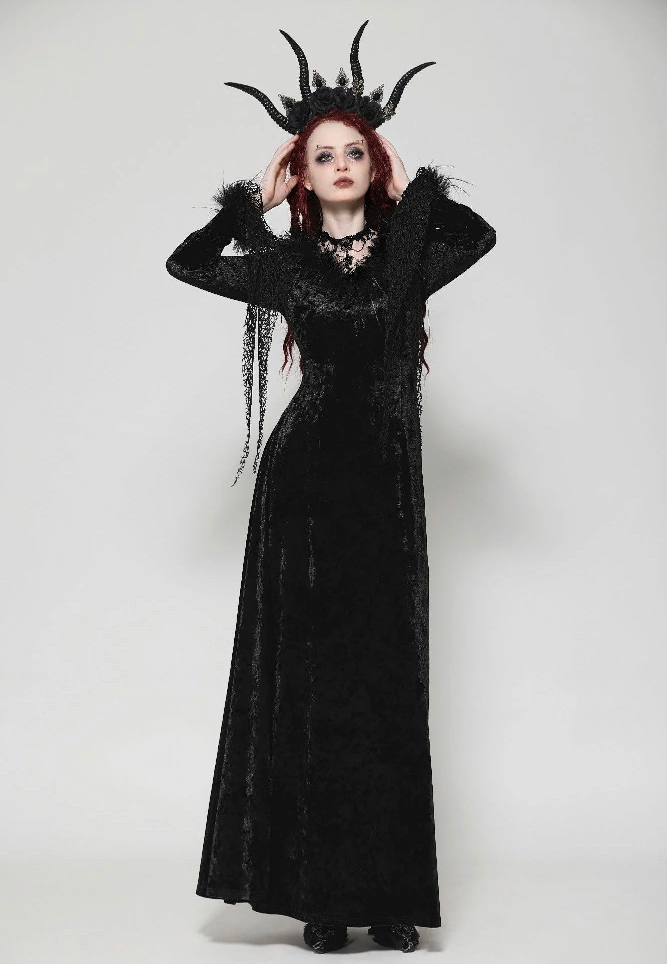 Dark In Love - Gothic Dark Velvet V-Neck Long Slim - Dress | Women-Image