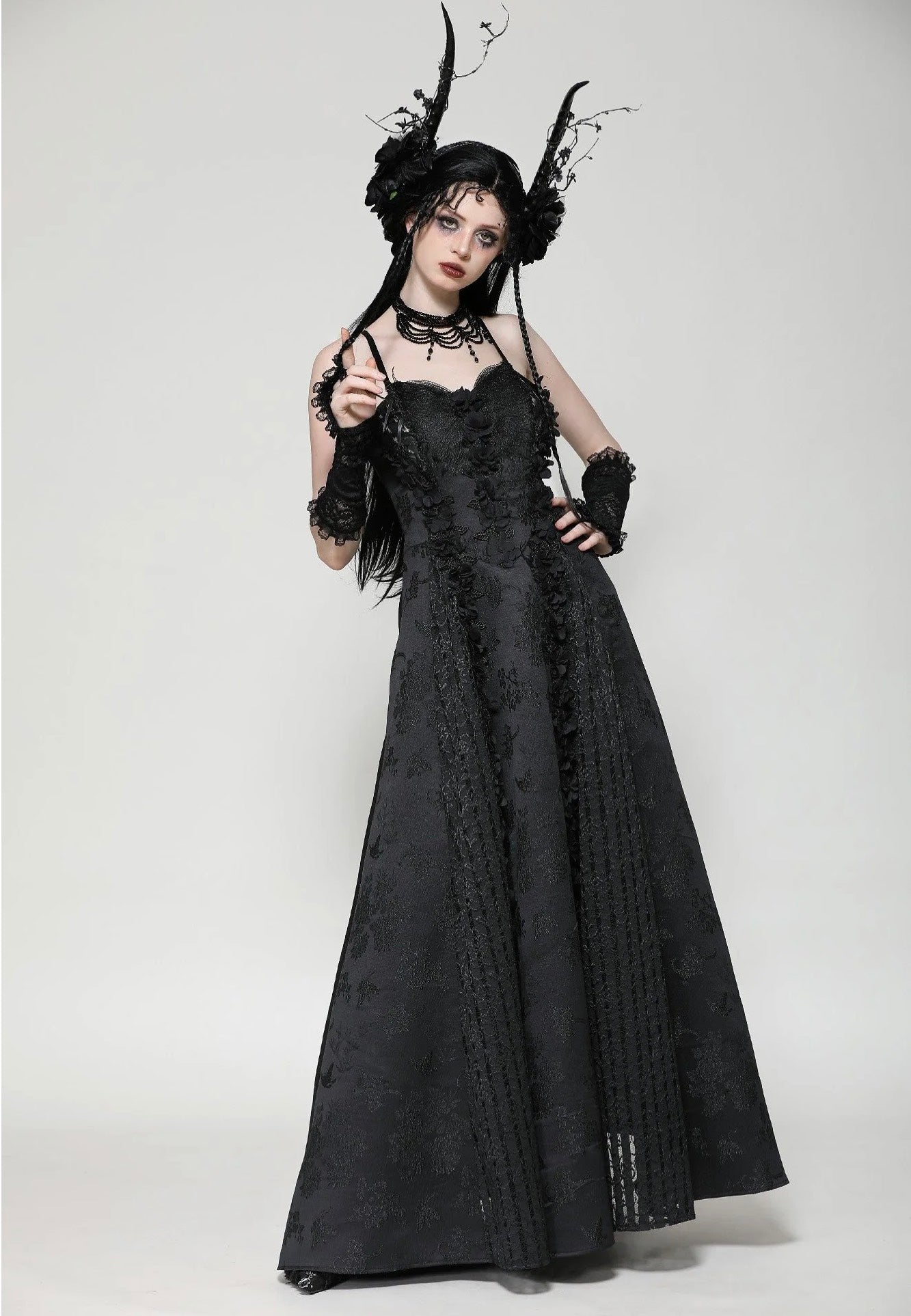 Dark In Love - Gothic Black Butterfly Strapless Lace Gown - Dress | Women-Image