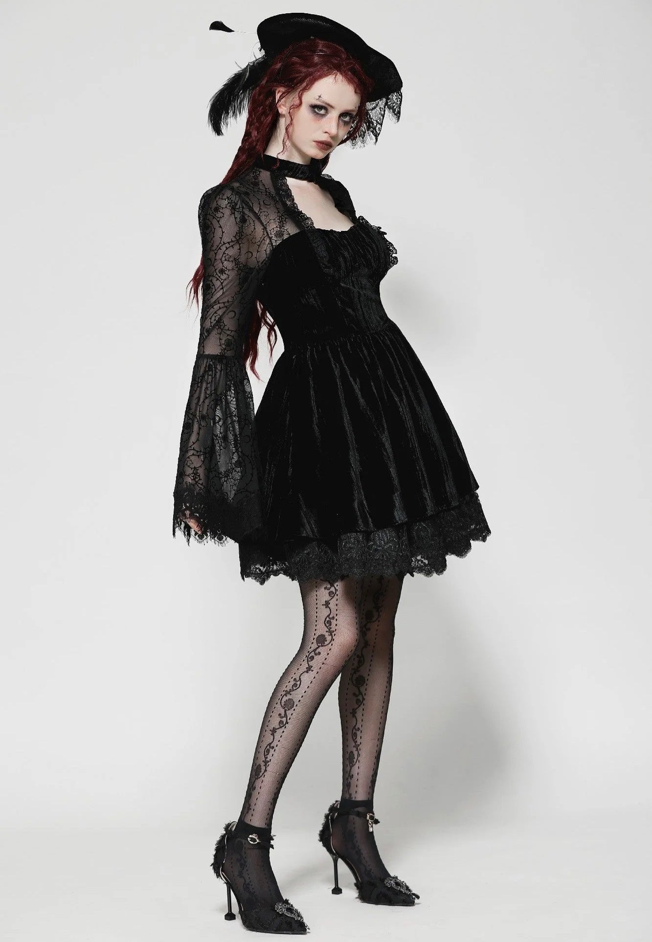 Dark In Love - Dark Floral Jacquard Velvet Elegant - Dress | Women-Image