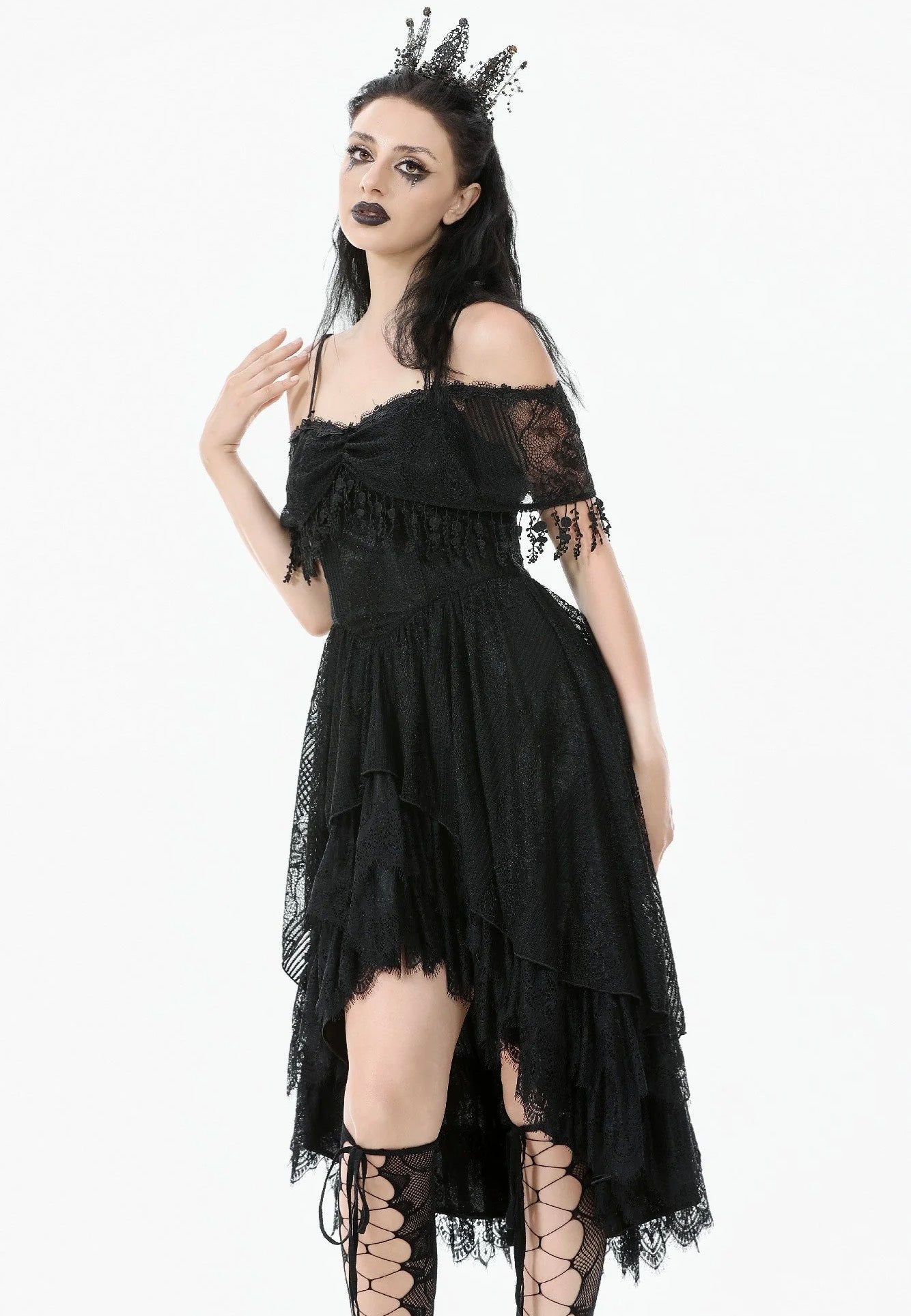 Dark In Love - Gothic Black Lace Off-Shoulder High-Low - Dress | Nuclear Blast Dark In Love - Gothic Black Lace Off-Shoulder High-Low - Dress | Nuclear Blast