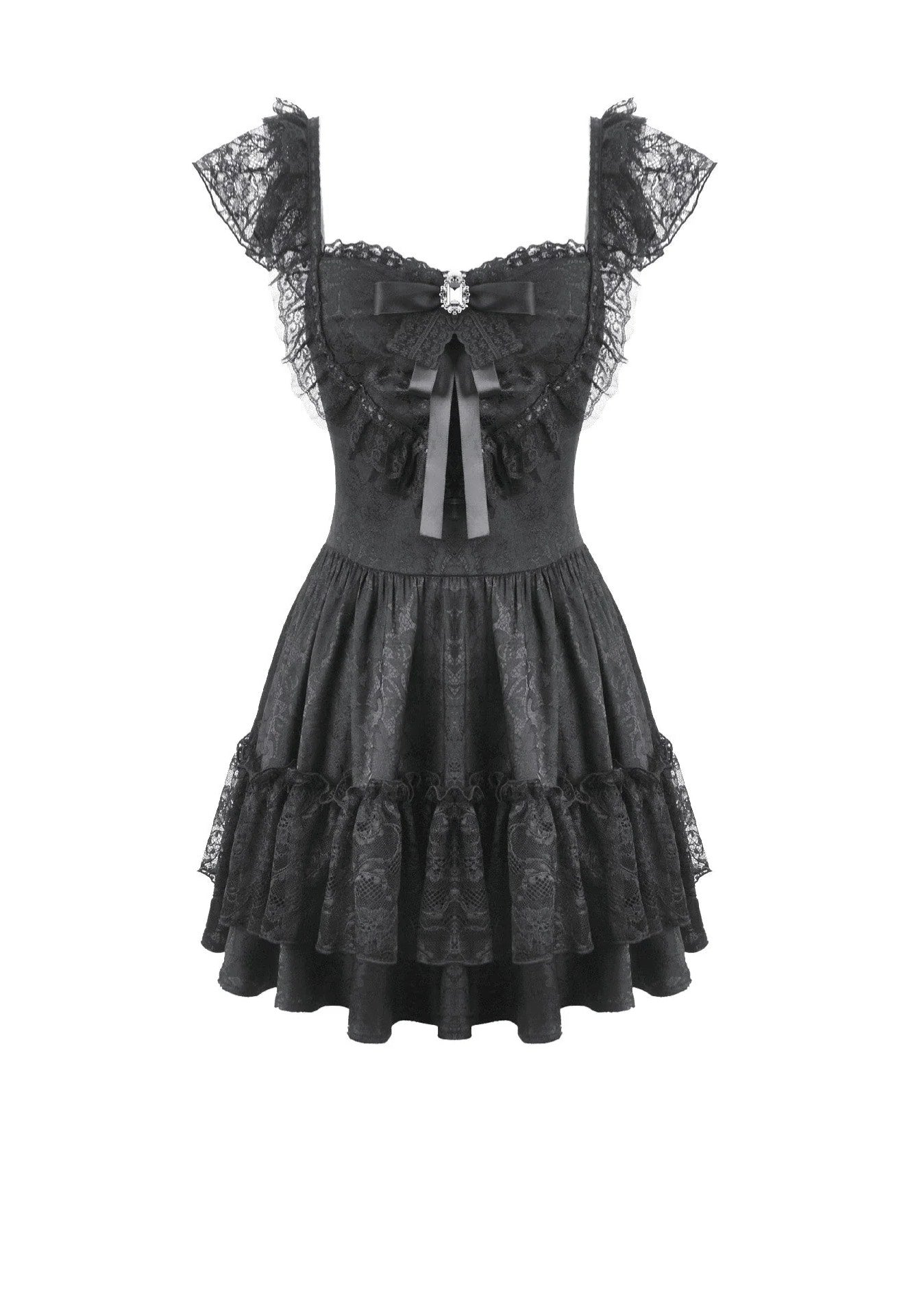 Dark In Love Gothic Lolita Jacquard Lace Flutter-Sleeve Cake Vestido