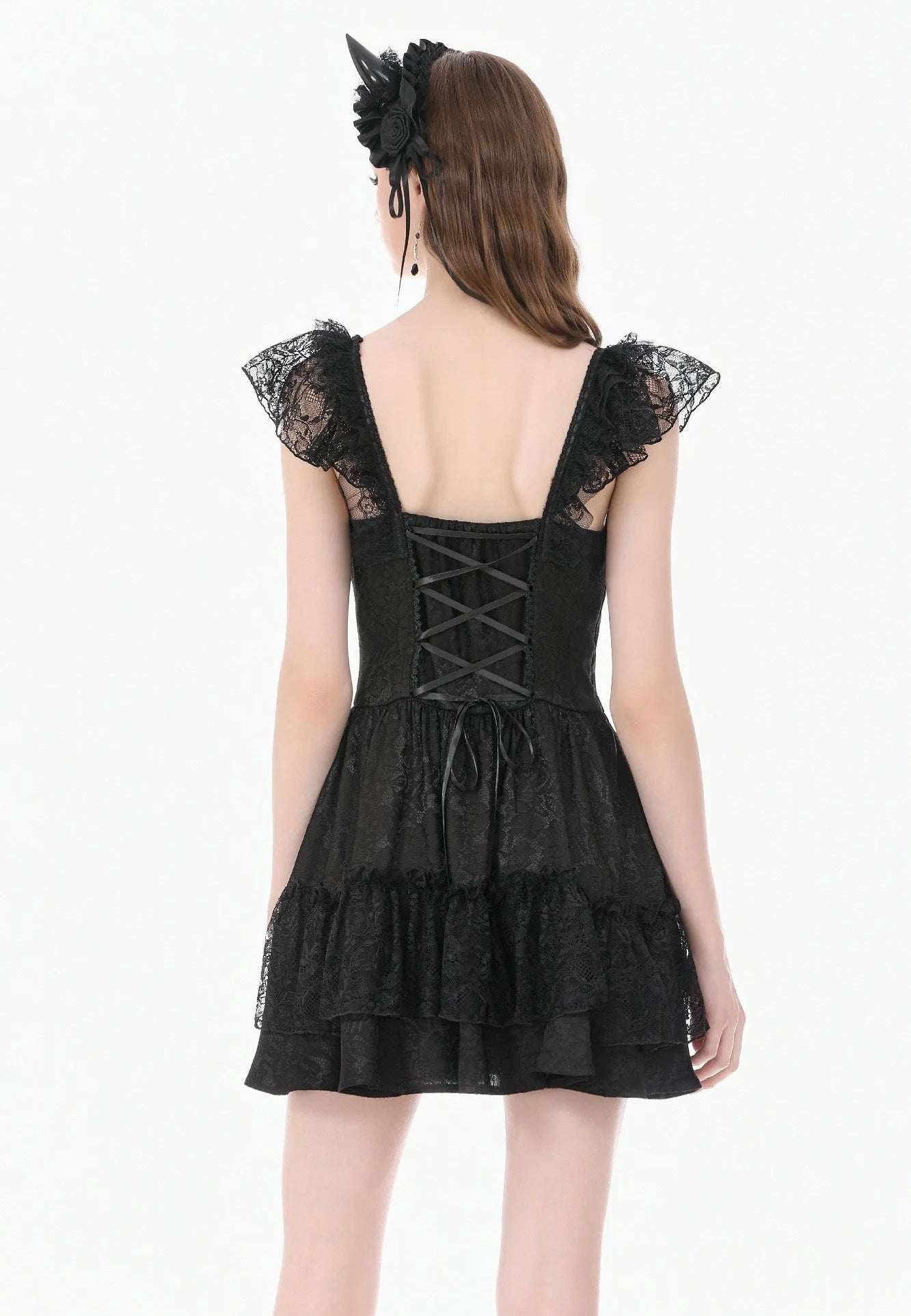 Dark In Love Gothic Lolita Jacquard Lace Flutter-Sleeve Cake Vestido