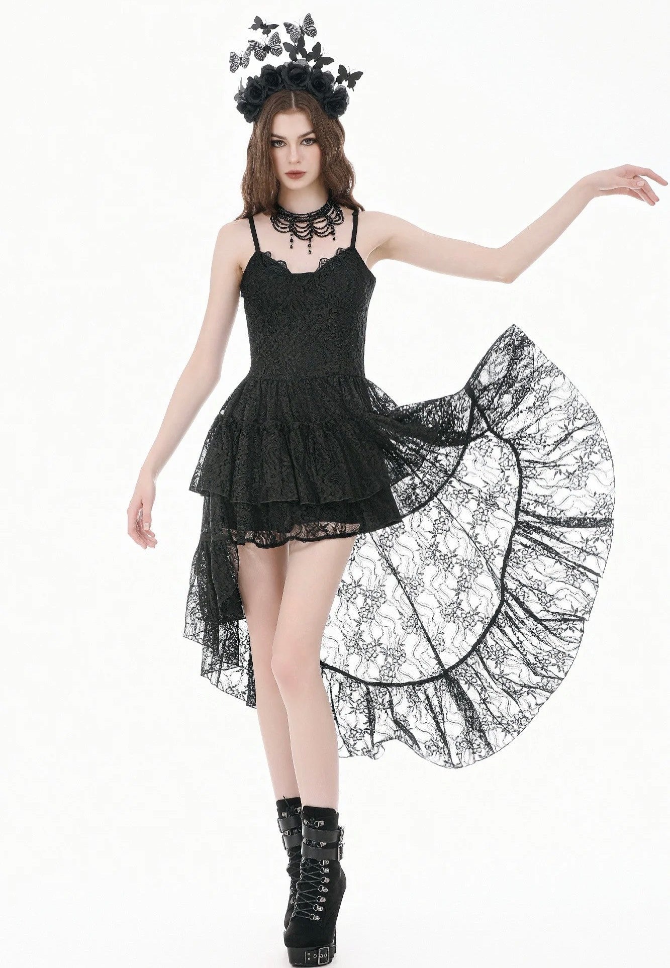 Dark In Love Retro Gothic Lace Camisole High-Low Ruffle Tail Vestido
