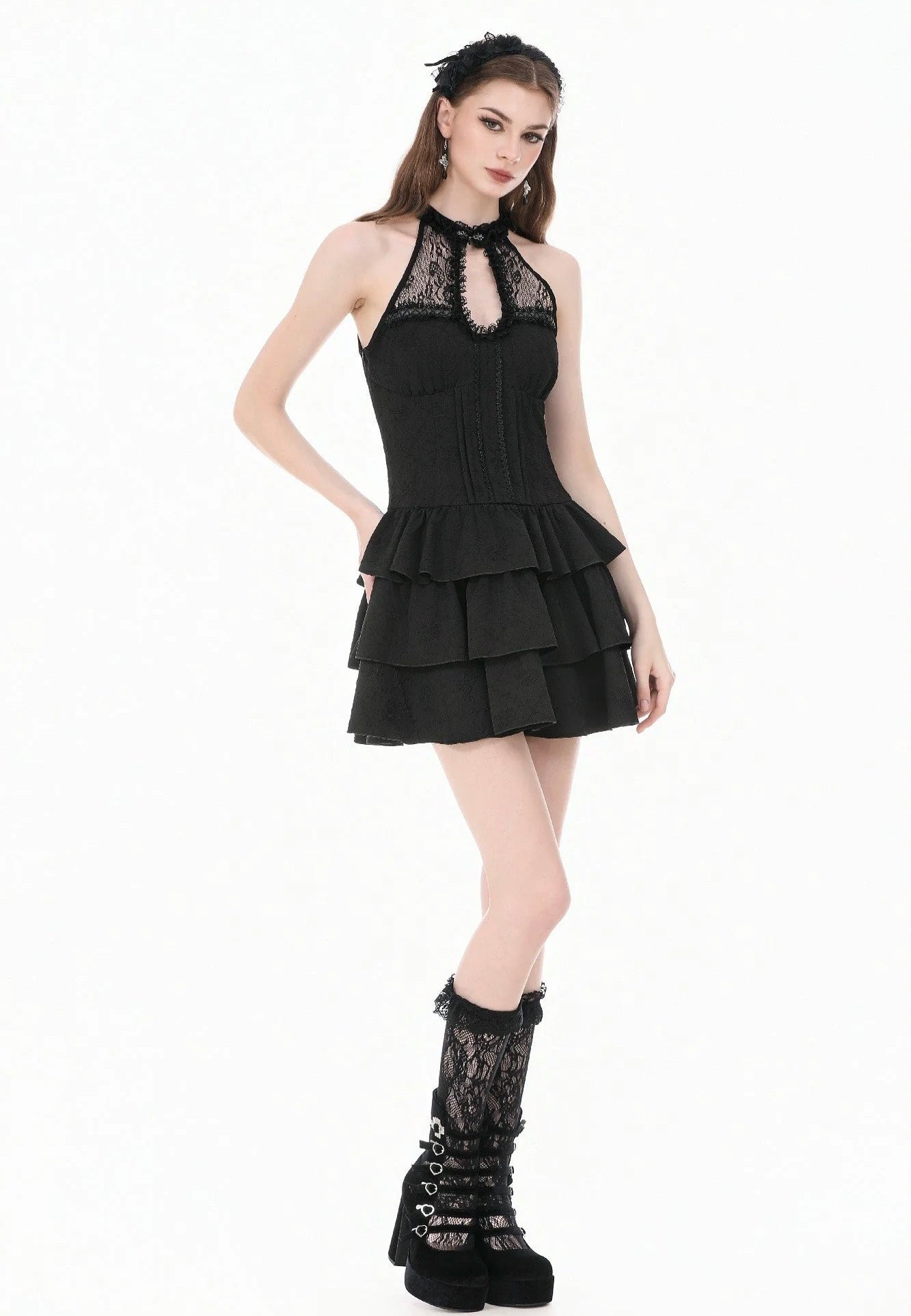 Dark In Love Gothic Halter Lace Patchwork Rose Jacquard Tiered Ruffle Vestido