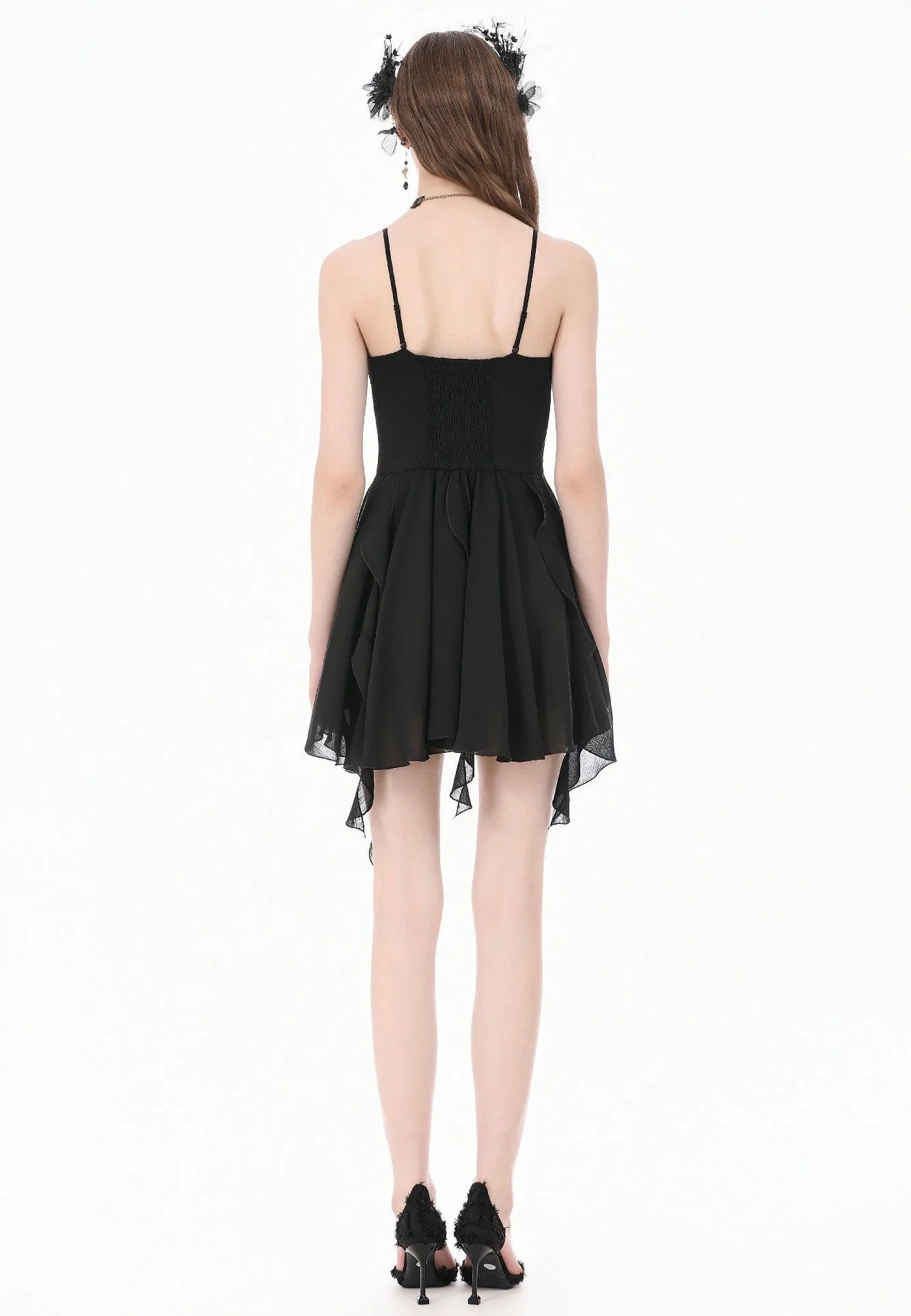 Dark In Love Goth V-Neck Lace Embroidery Asymmetric Flowy Chiffon Vestido