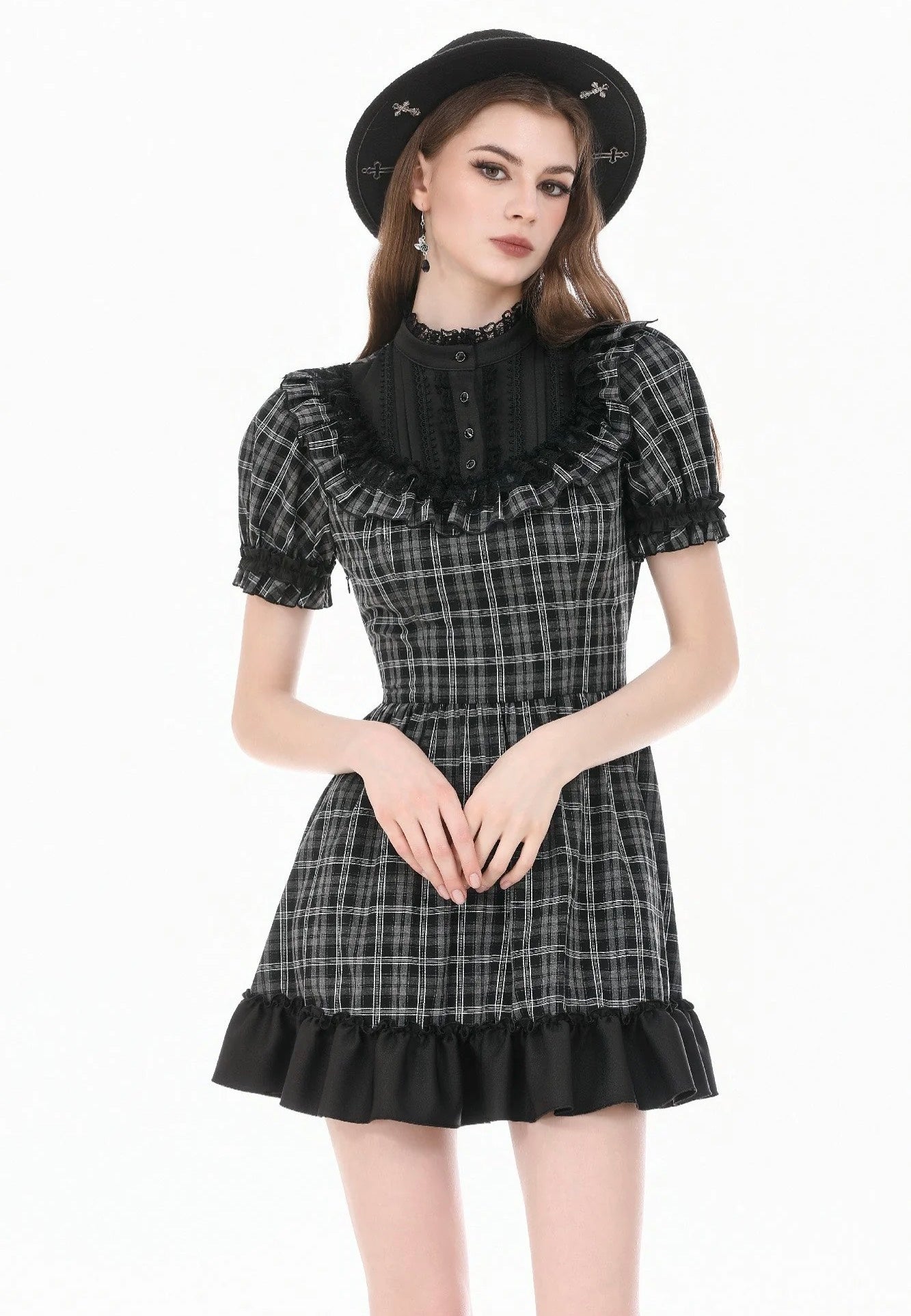 Dark In Love Dark Lolita Gingham Patchwork Lace Ruffle Vestido