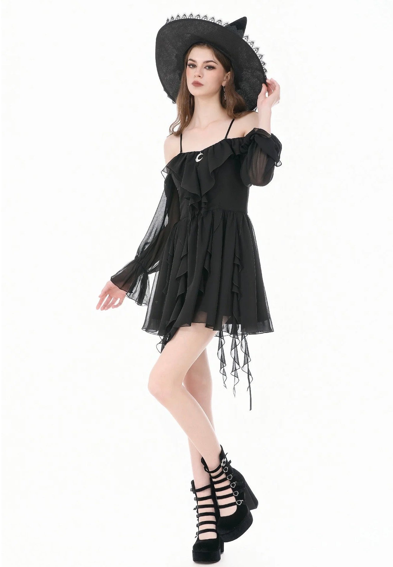 Dark In Love Gothic Black Chiffon Off The Shoulder Vestido