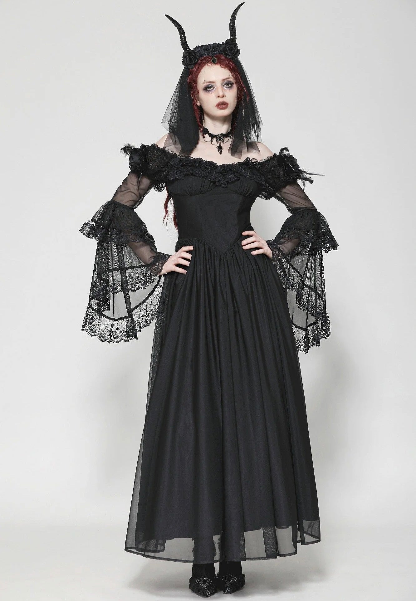Dark In Love - Gothic Black Tulle Feather Fantasy - Dress | Women-Image