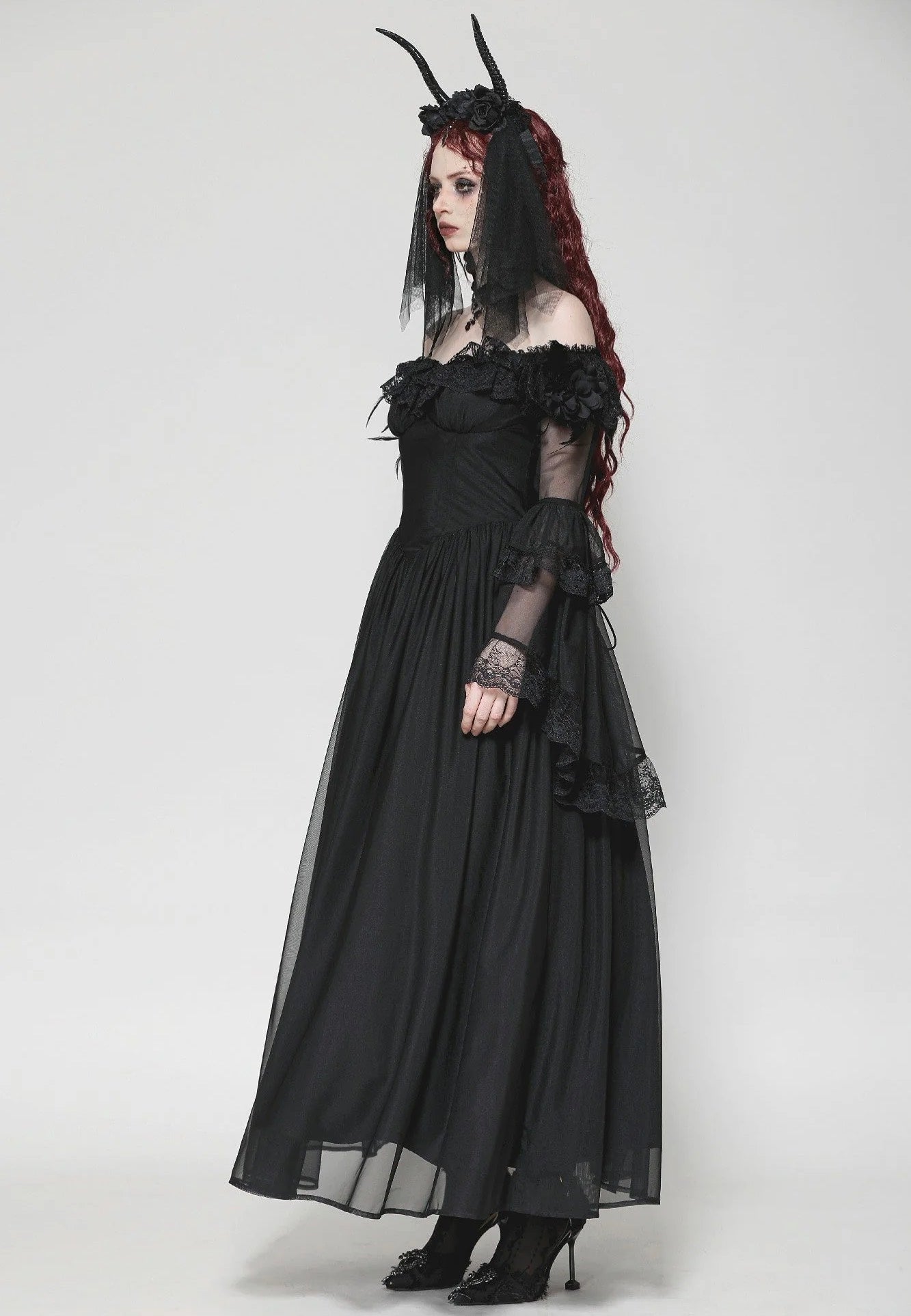 Dark In Love - Gothic Black Tulle Feather Fantasy - Dress | Women-Image