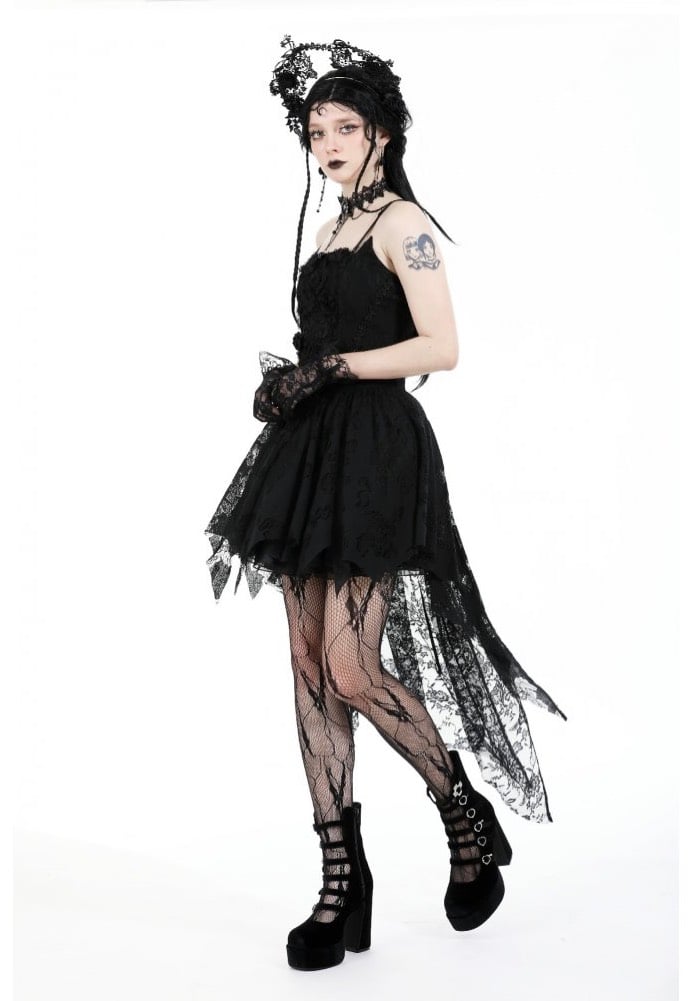 Dark In Love - Gothic Black Rose Bloom Dovetail Lace - Dress