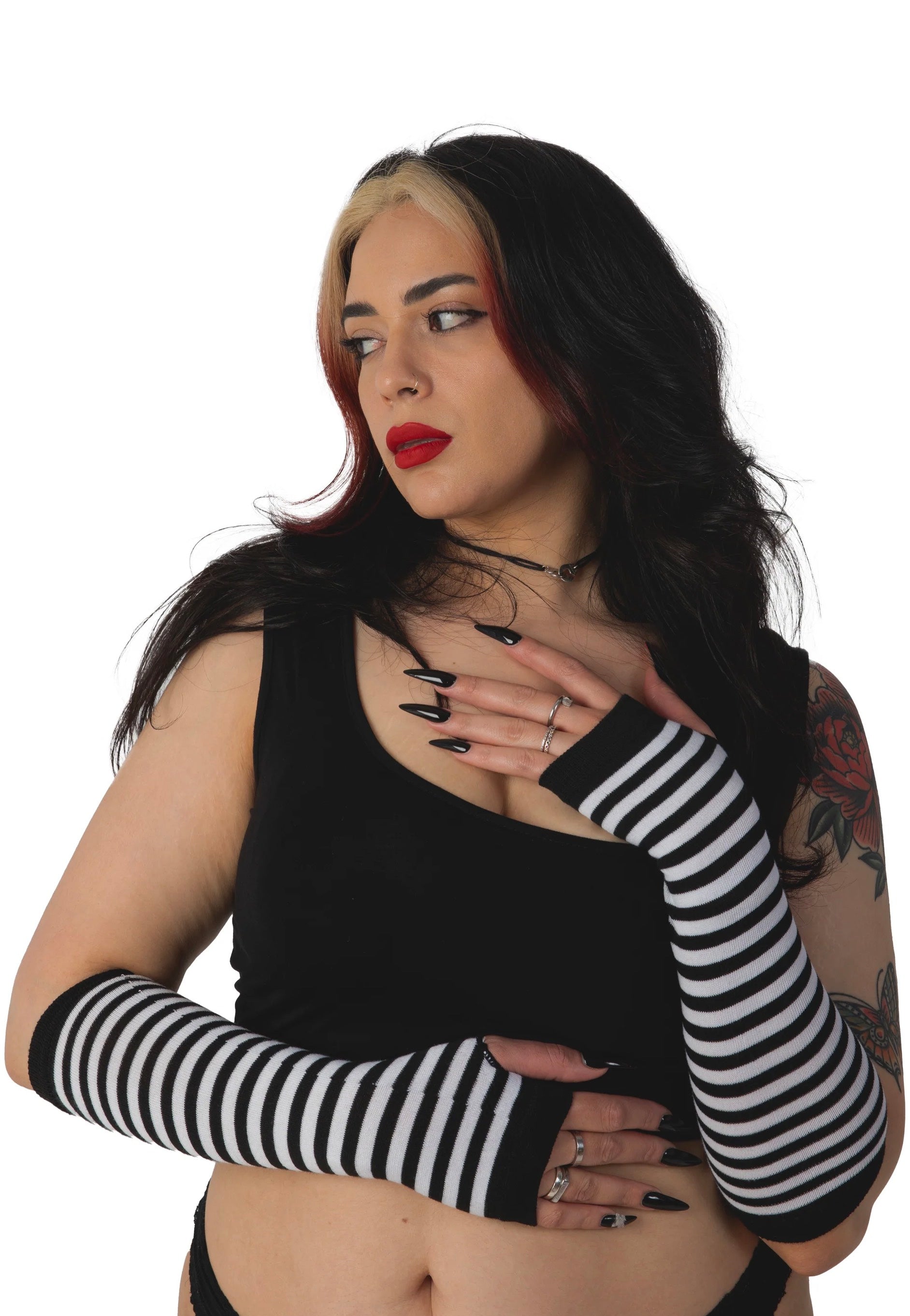 Pamela Mann - Striped Fingerless White - Gloves | Neutral-Image