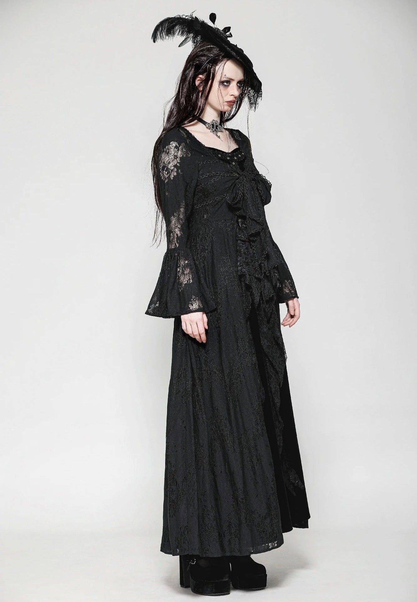 Dark In Love - Gothic Lace Trimmed Elegant Long - Robe | Women-Image