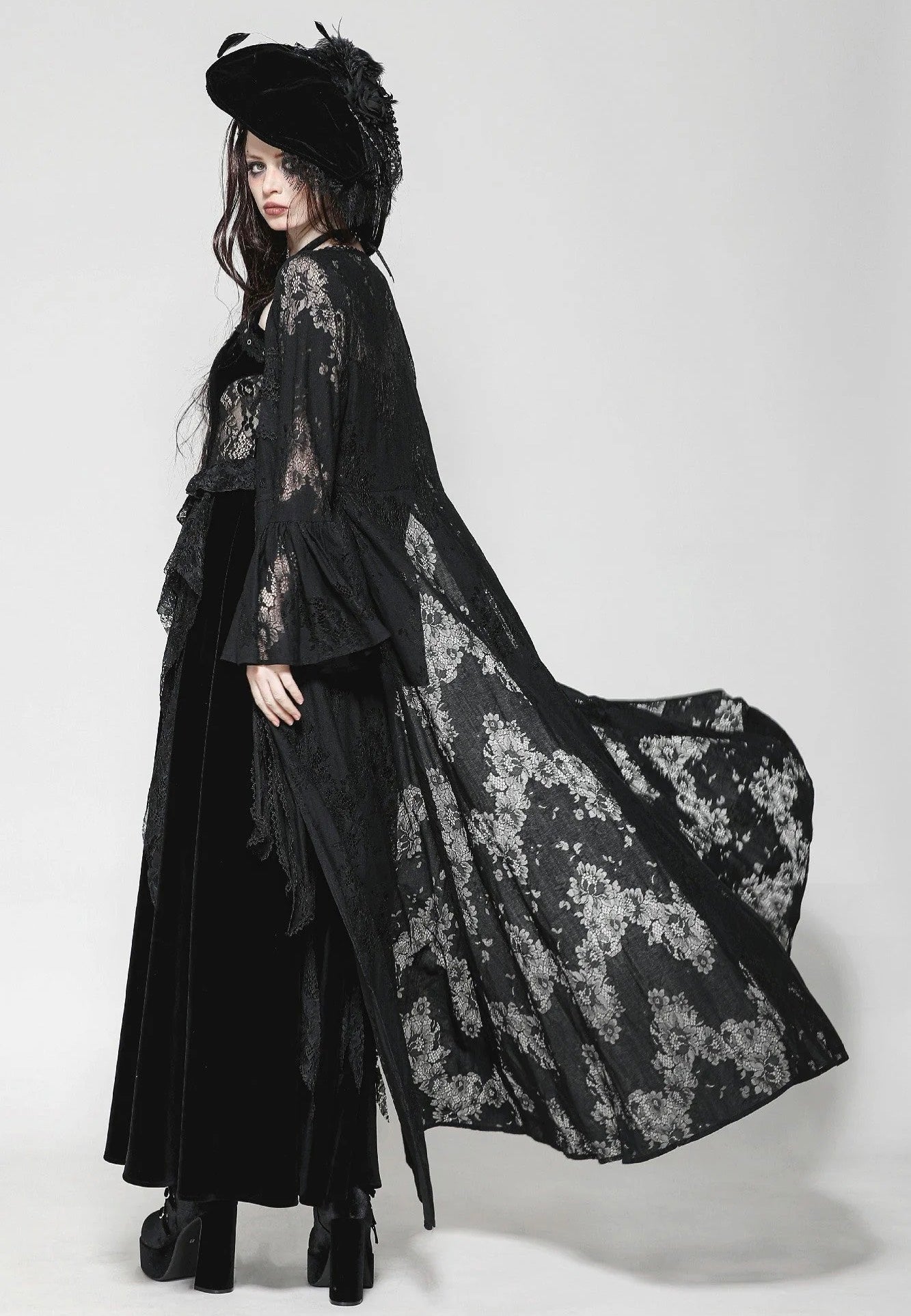 Dark In Love - Gothic Lace Trimmed Elegant Long - Robe | Women-Image