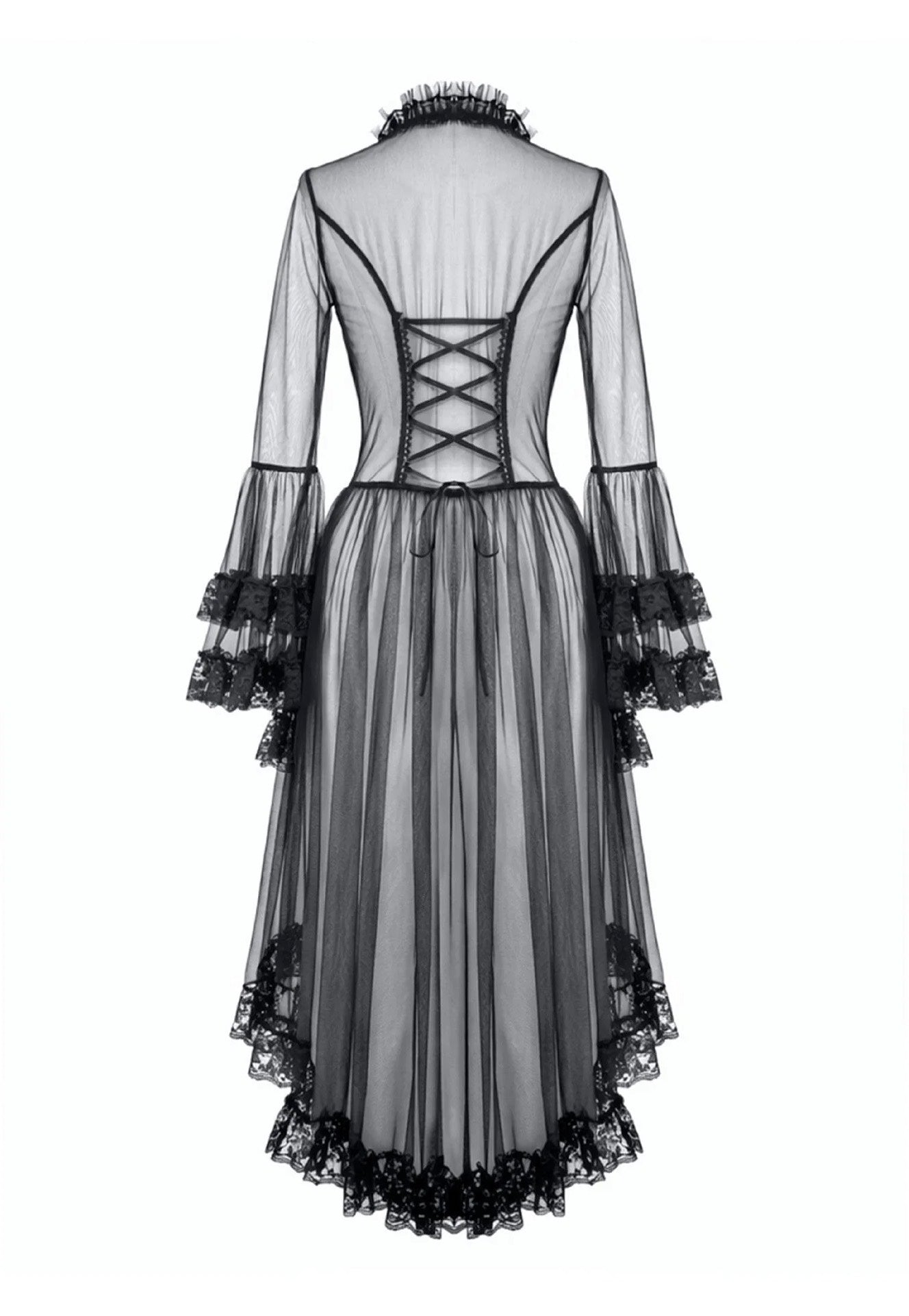 Dark In Love Gothic Retro Sheer Lace Patchwork Deep-V Flare Sleeve Duster Vestido
