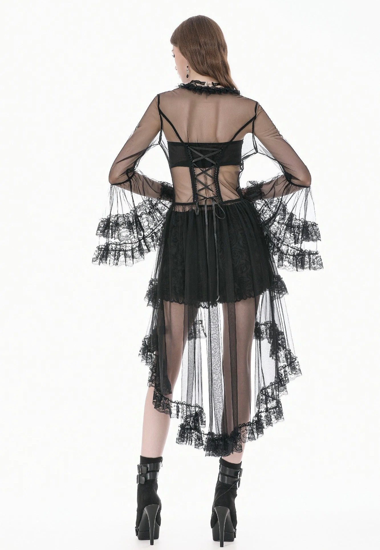 Dark In Love Gothic Retro Sheer Lace Patchwork Deep-V Flare Sleeve Duster Vestido