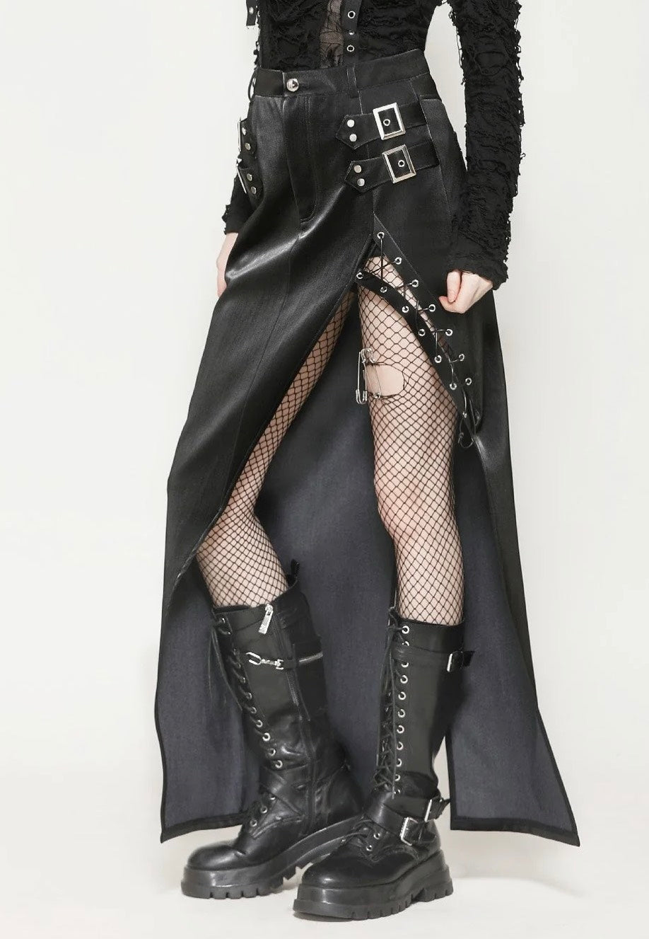 Dark In Love - Punk Black Leather Bodycon Split - Skirt | Women-Image