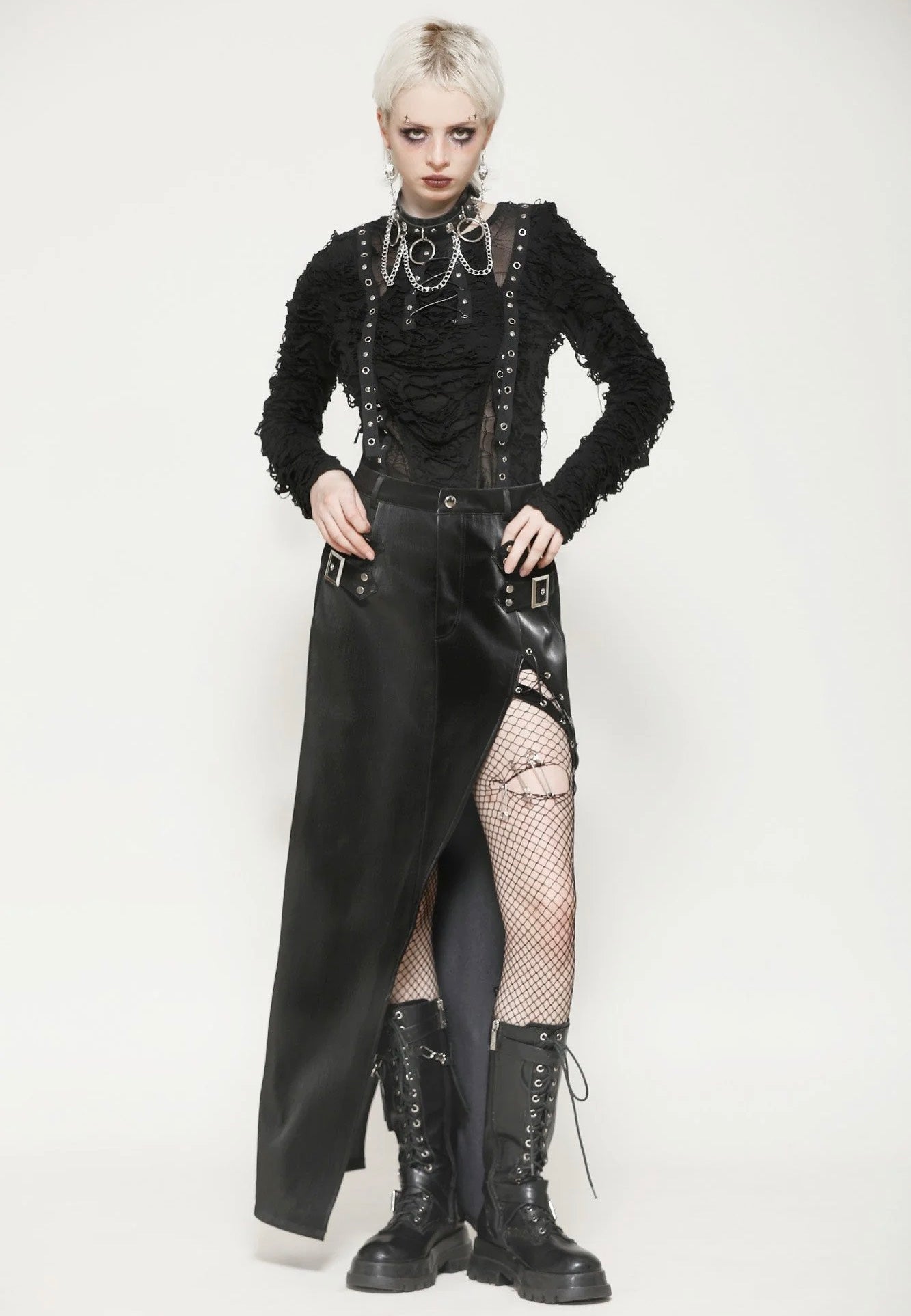 Dark In Love - Punk Black Leather Bodycon Split - Skirt | Women-Image