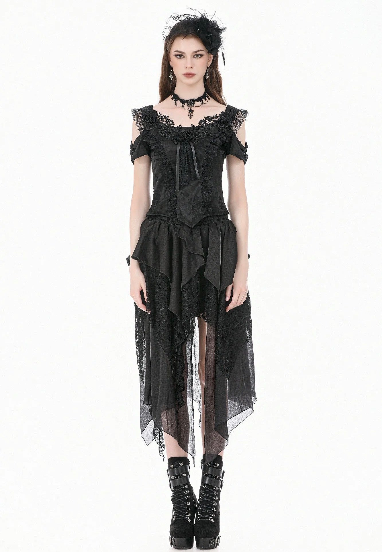 Dark In Love Gothic Ruffled High-Low Jacquard Texture Irregular Tiered Lace Mesh Minifalda