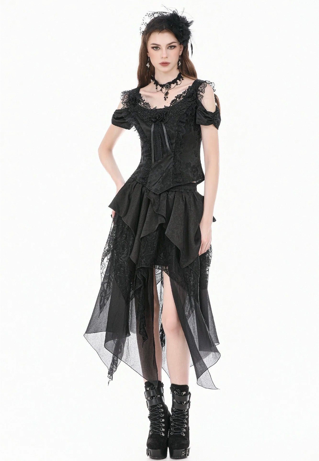 Dark In Love Gothic Ruffled High-Low Jacquard Texture Irregular Tiered Lace Mesh Minifalda