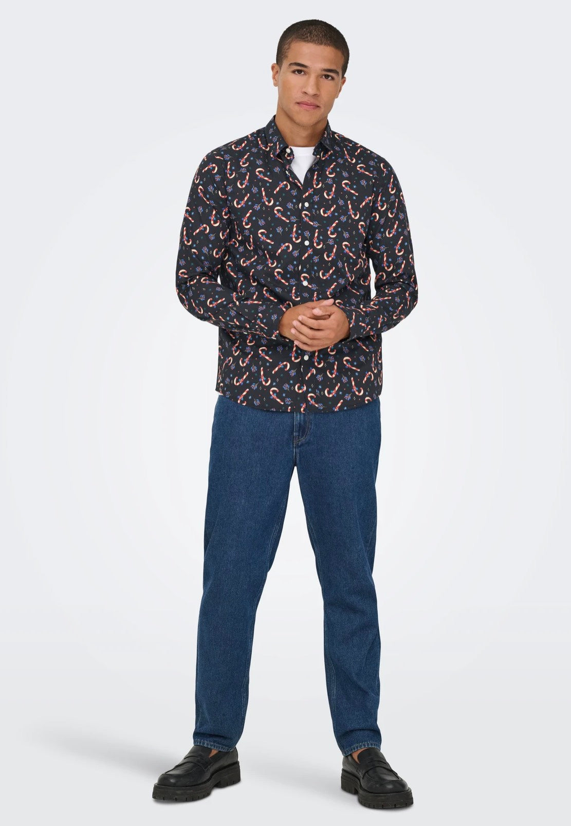 Only & Sons - Elf Xmas AOP Slim Poplin Black - Shirt | Men-Image