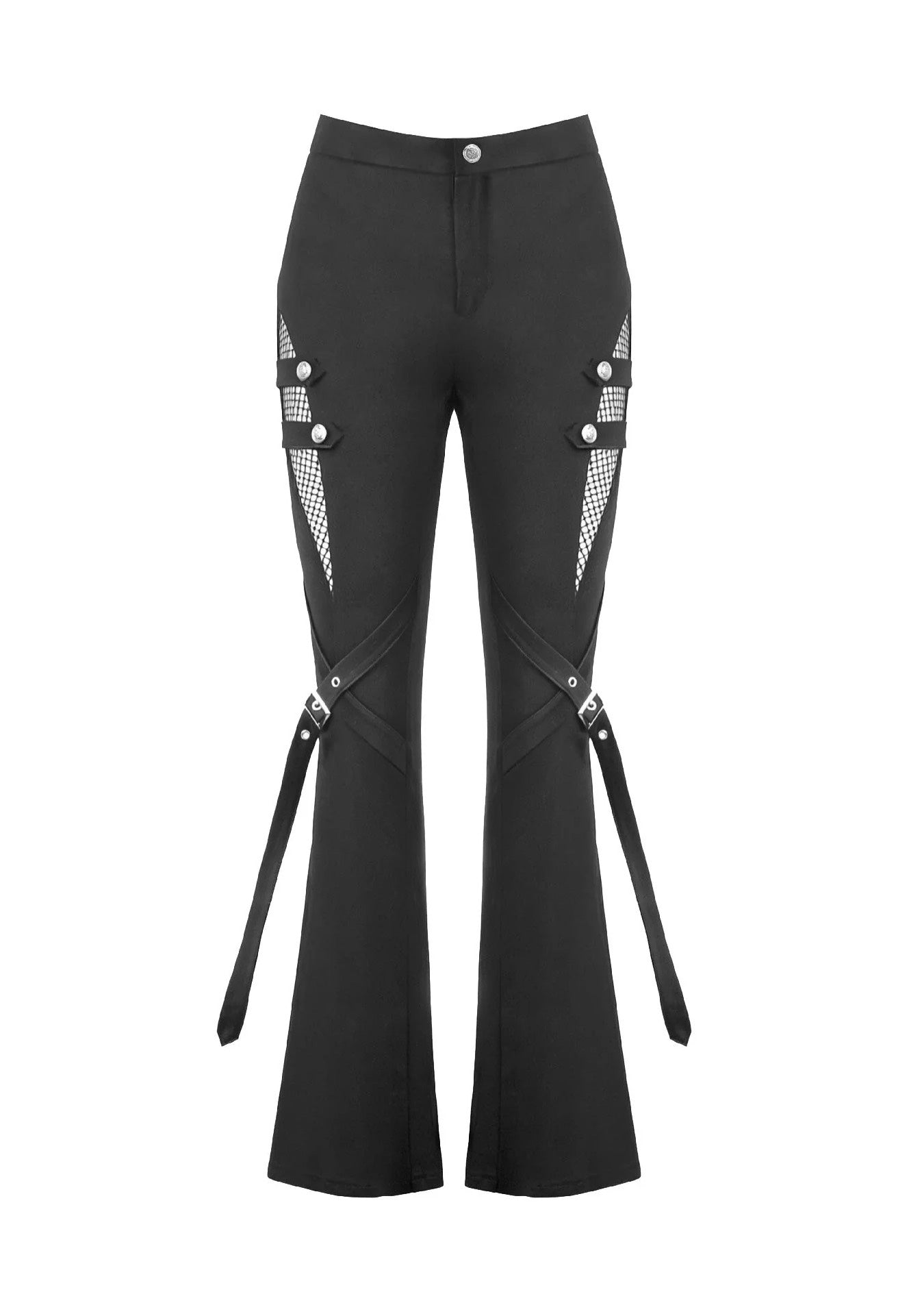 Dark In Love Dark Rift Gothic Punk Mesh Patchwork Cutout Buckle Flare Pantalones
